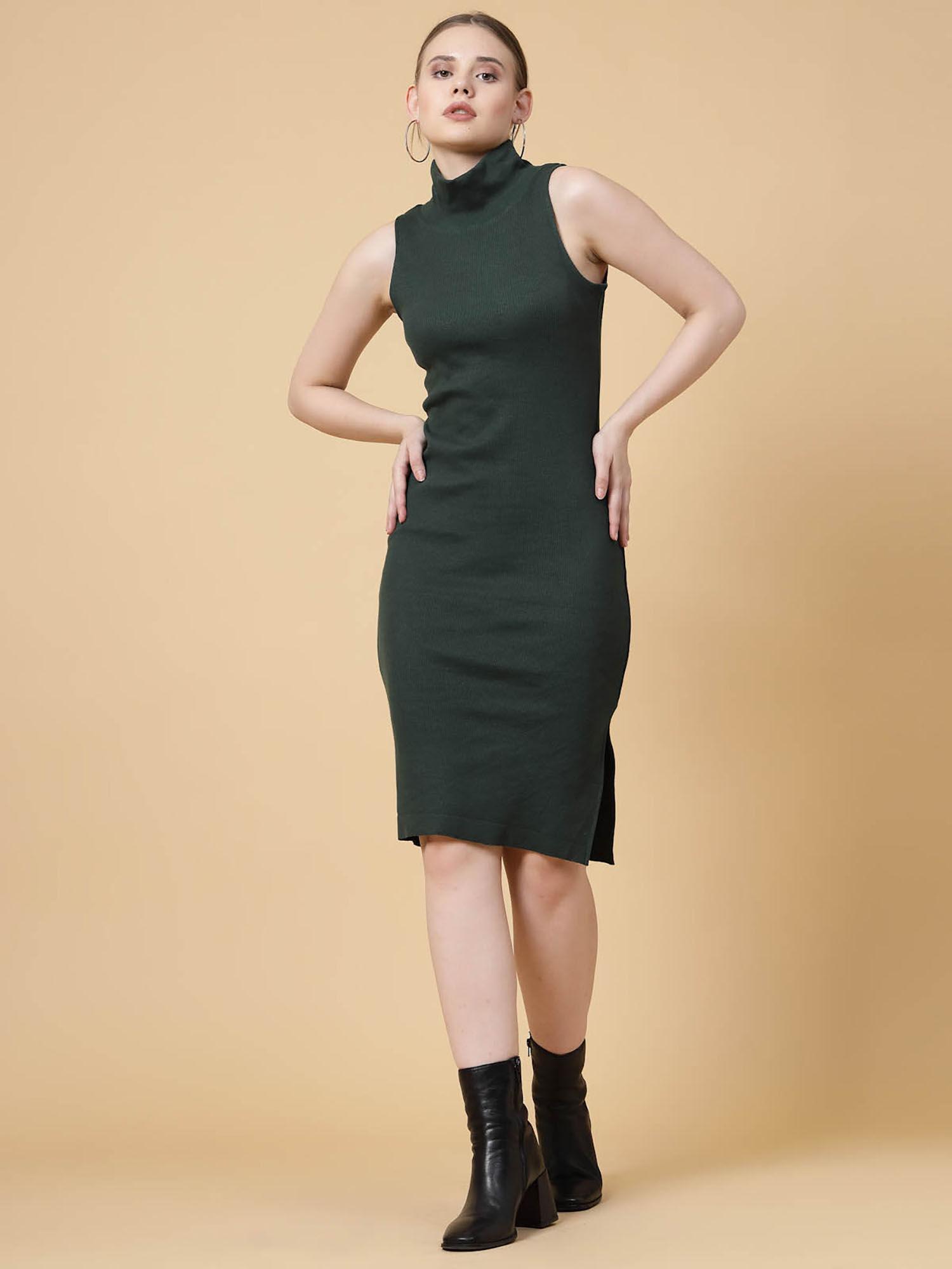 women bottle green bodycon rib knee length dress