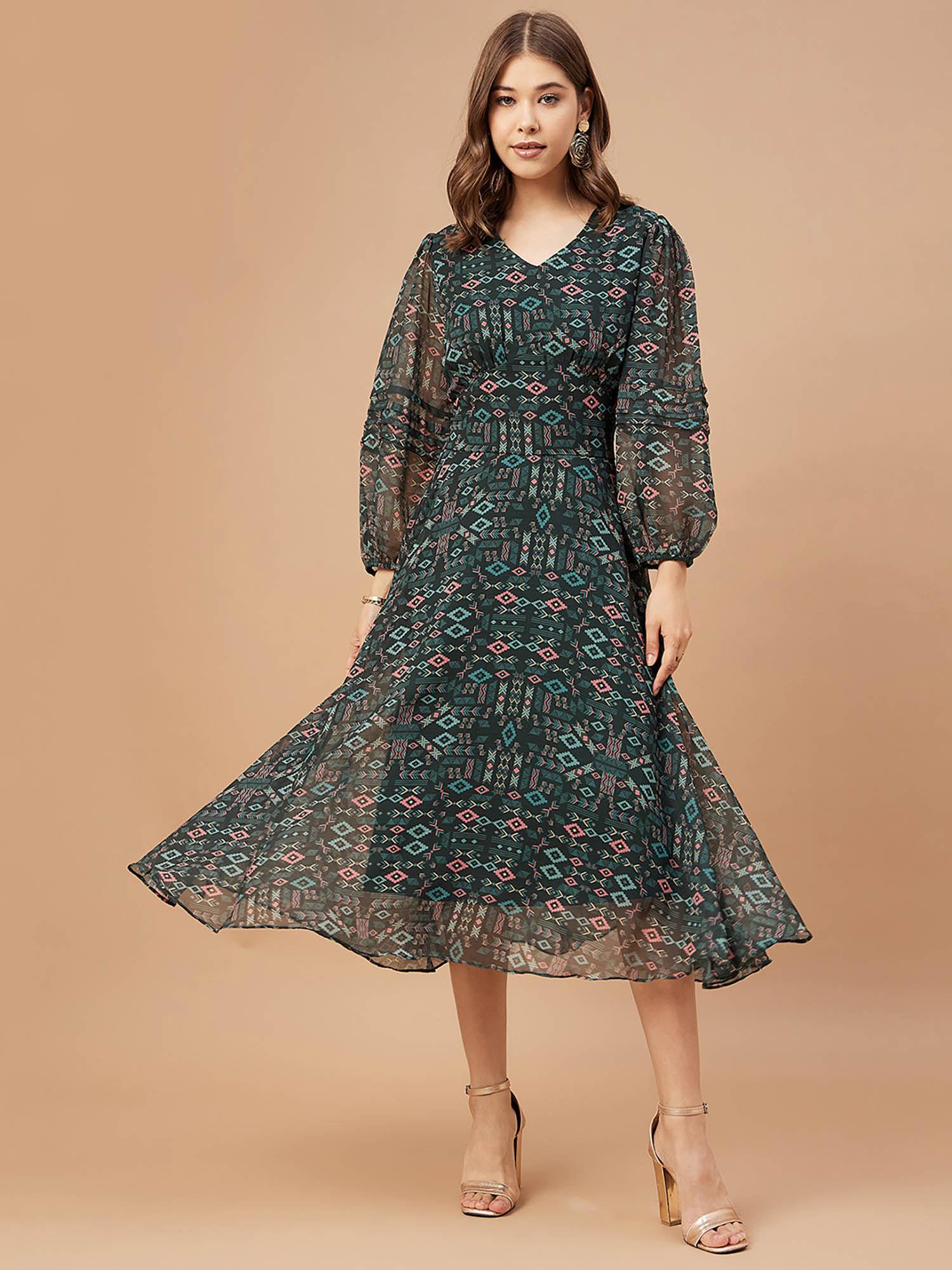 women bottle green print chiffon bishop sleeve v neck dress