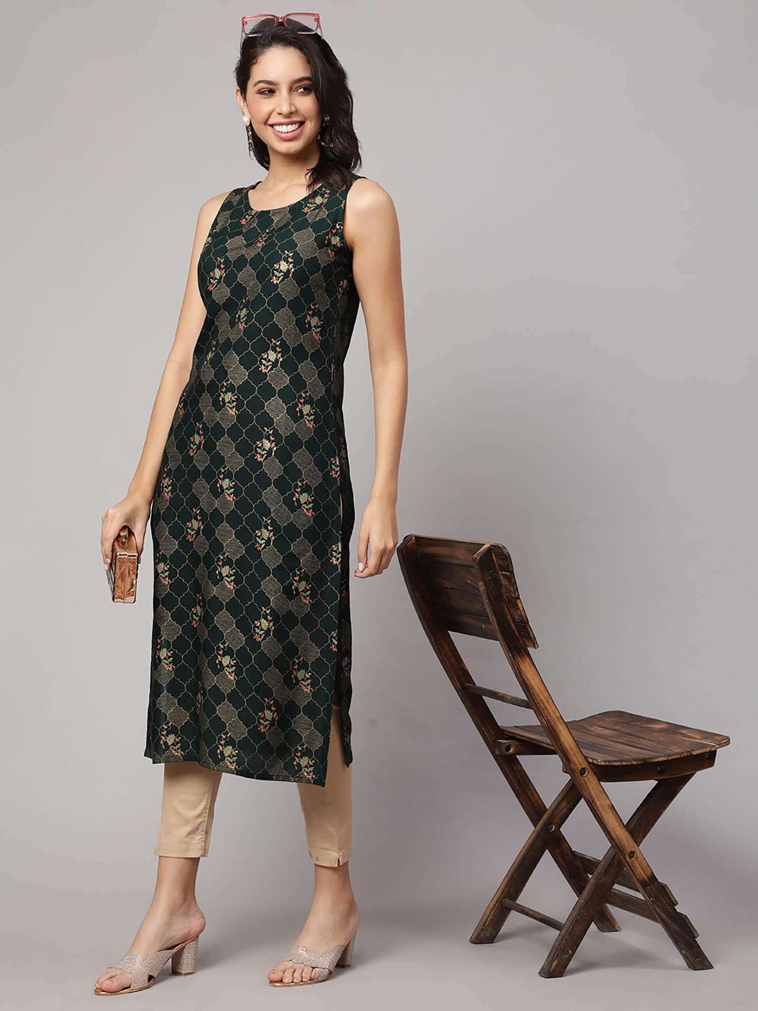 women bottle green rayon floral printed calf length straight kurta