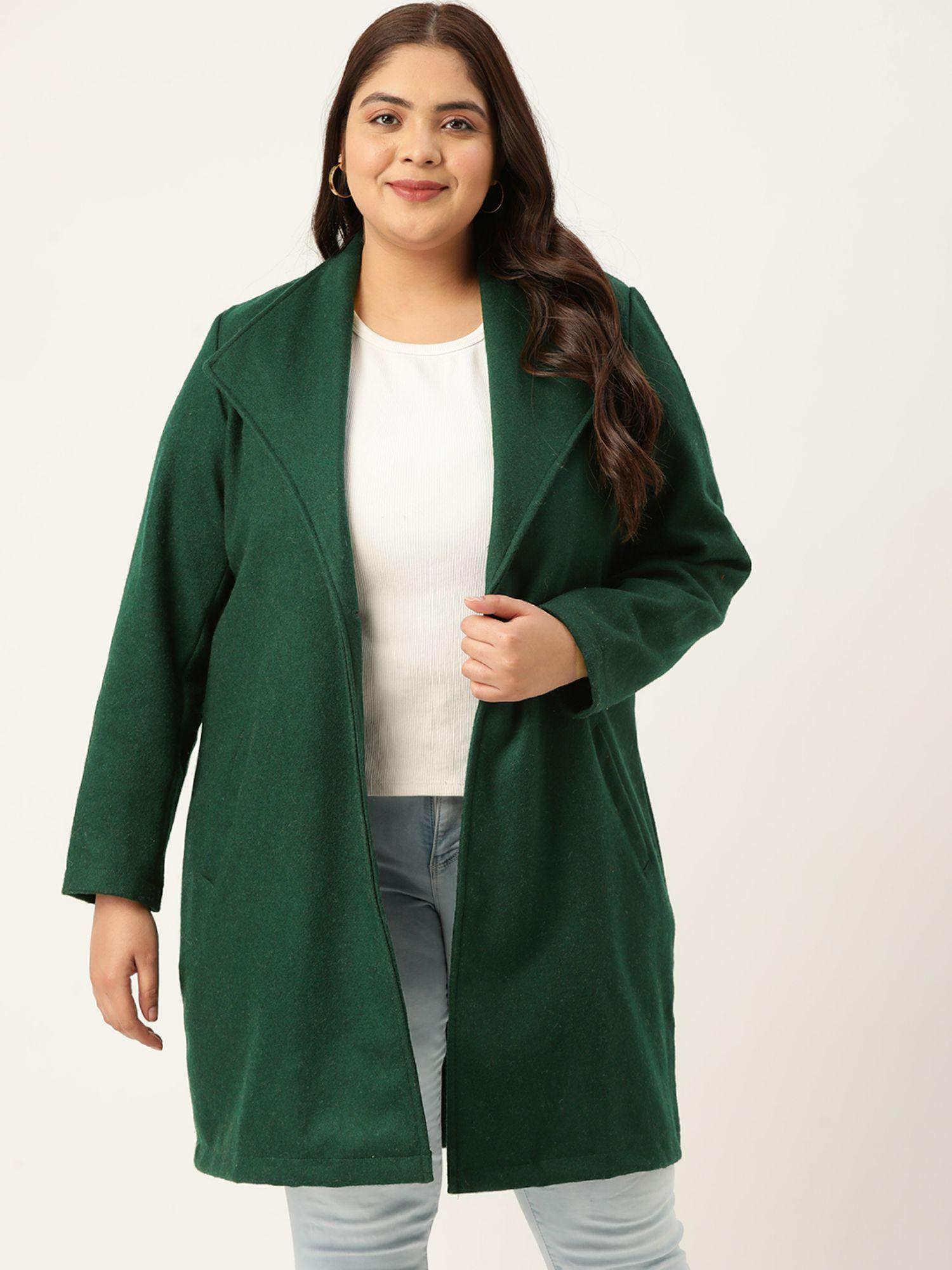 women bottle green solid color spread collar longline jacket