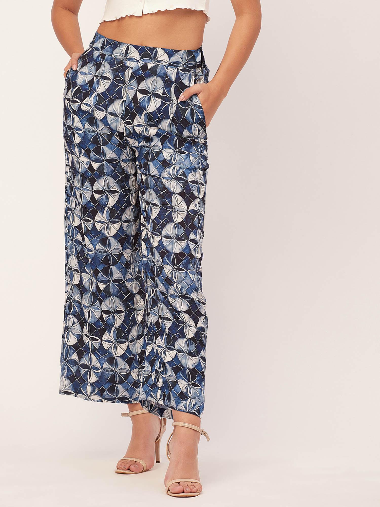 women boxy fit rayon floral blue pant