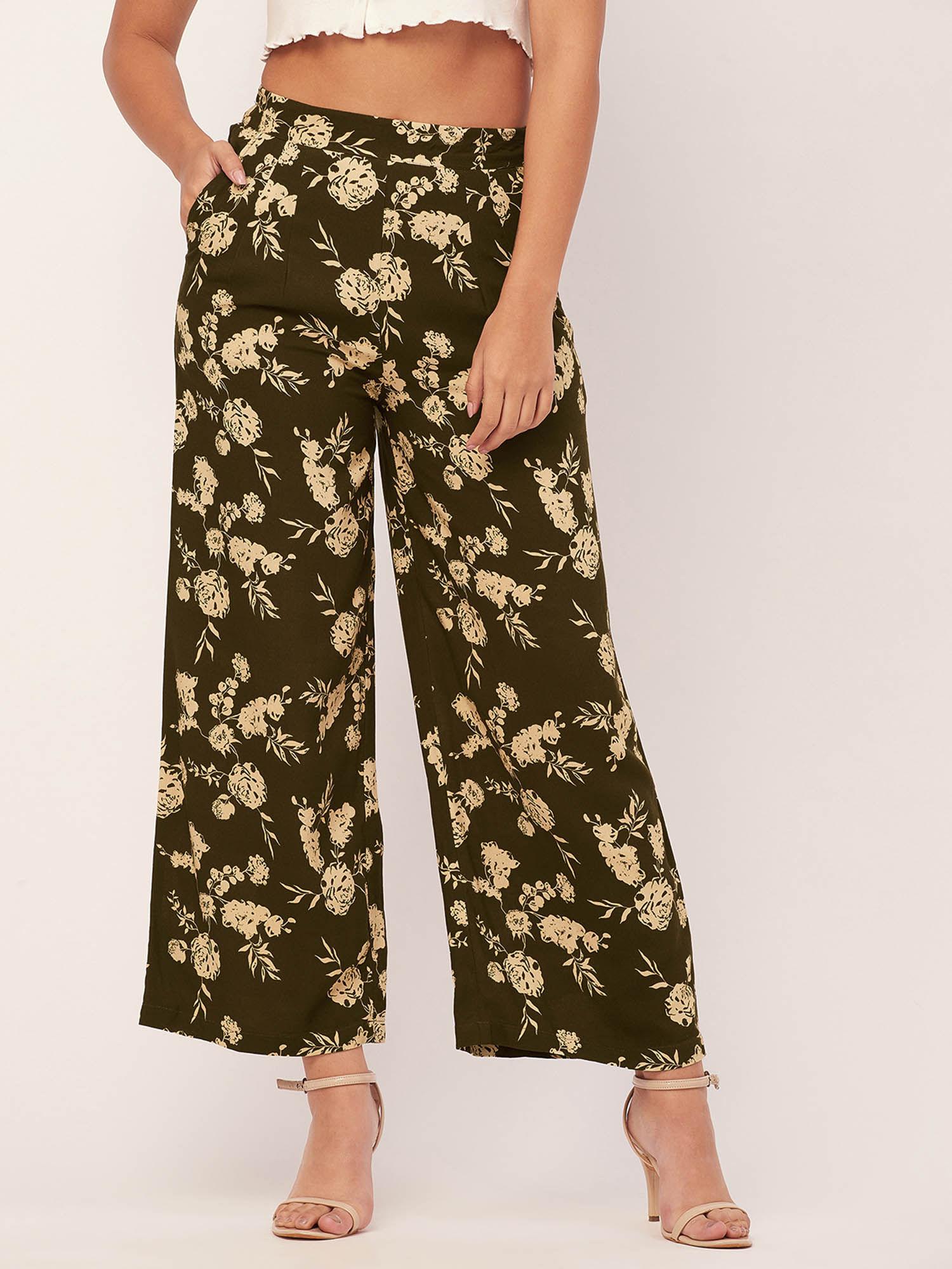 women boxy fit rayon floral olive pant