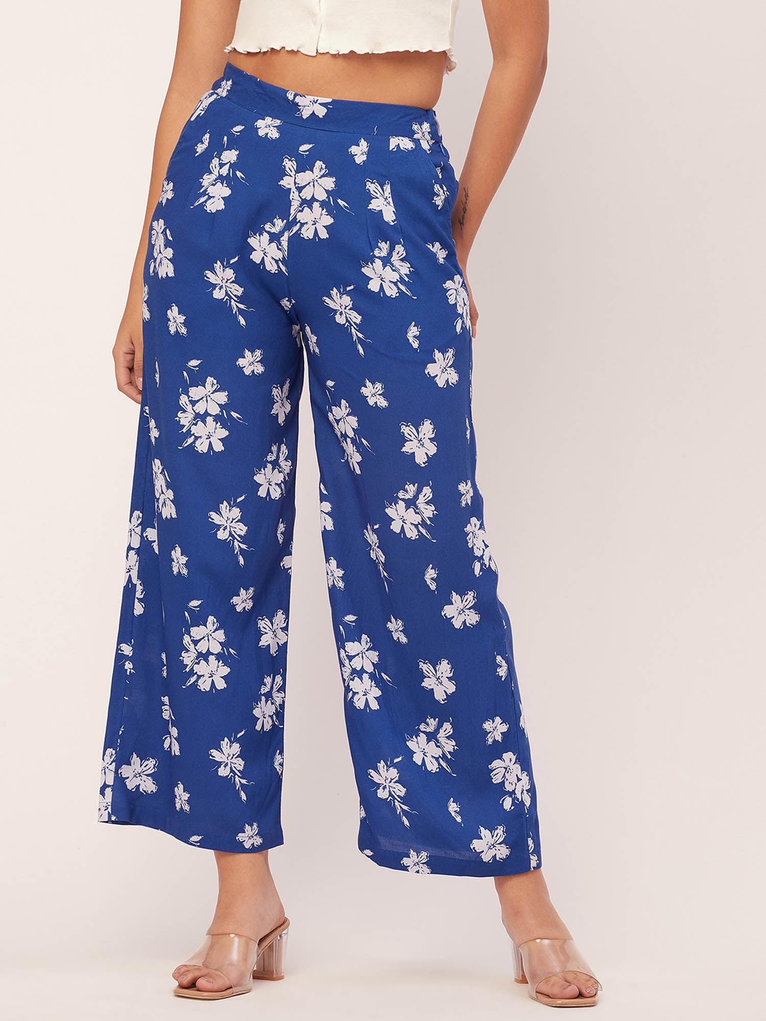 women boxy fit rayon floral white pant