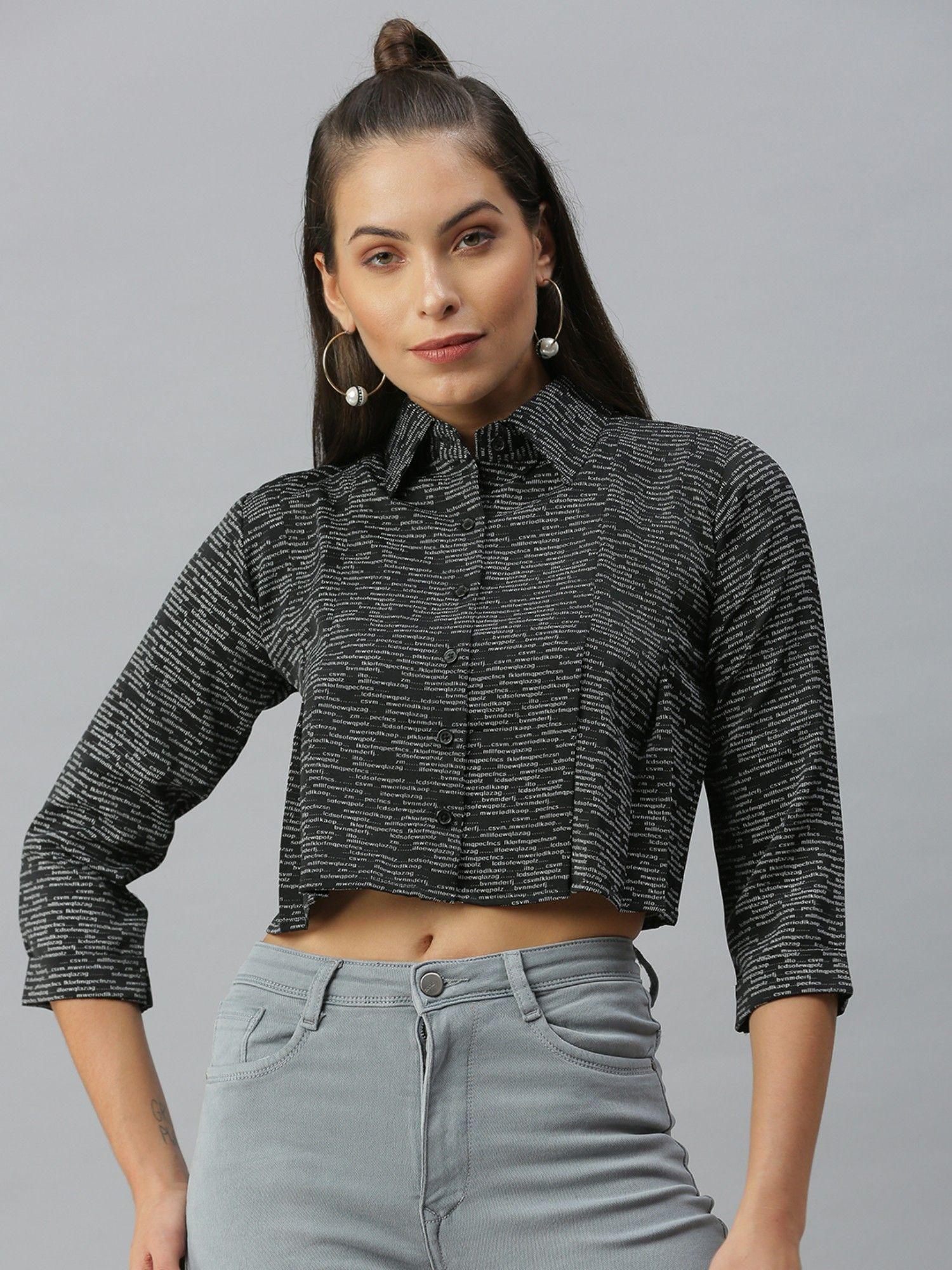 women boxy regular sleeves black typography cropped shirt