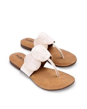 women braided t-strap flat sandals