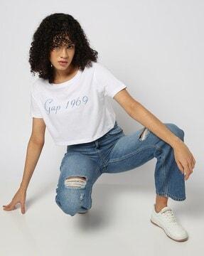 women brand embroidered boxy fit crop t-shirt
