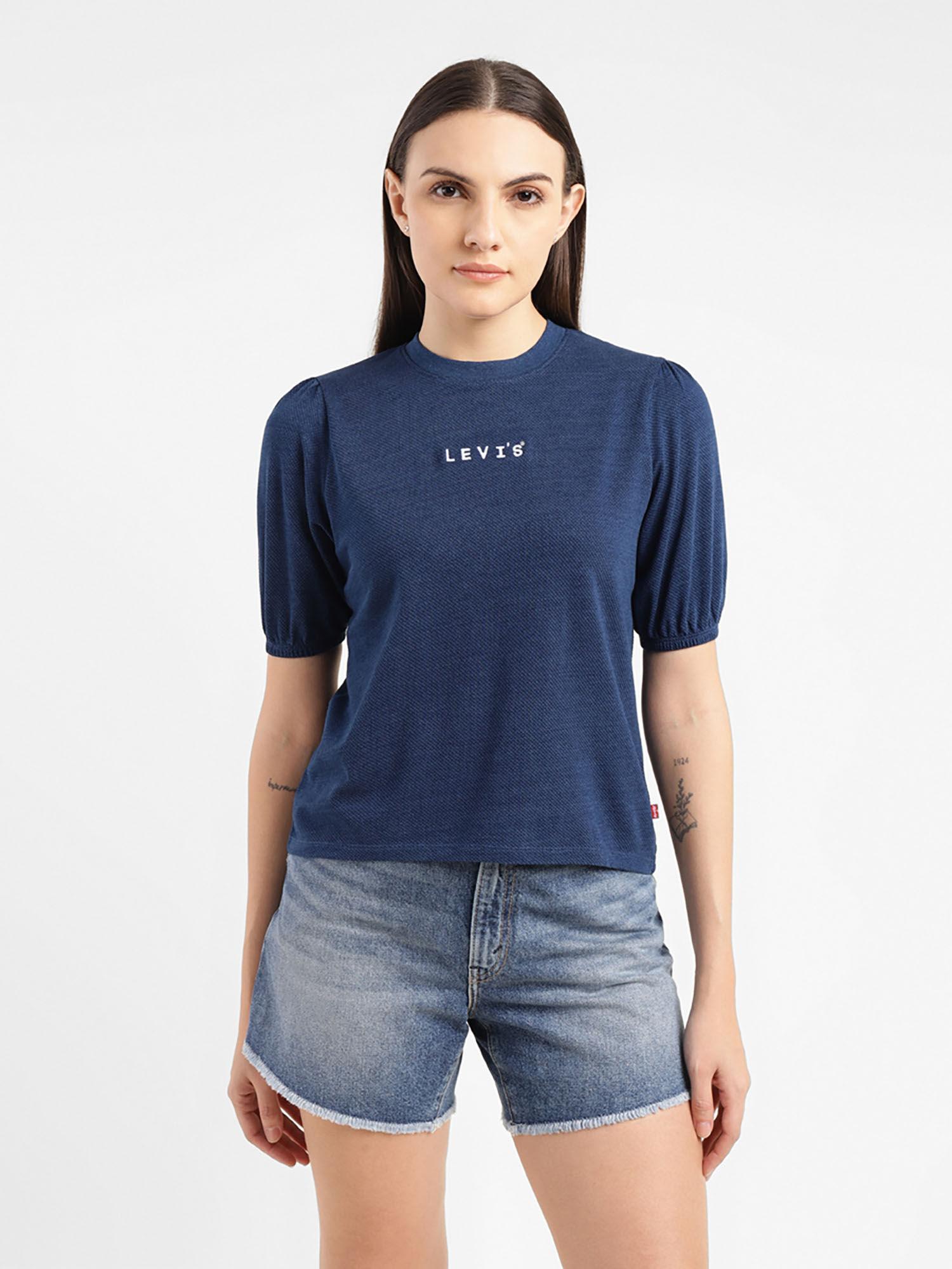 women brand logo navy blue crew neck top