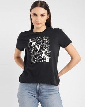 women brand print regular fit crew-neck t-shirt