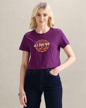 women brand print regular fit crew-neck t-shirt