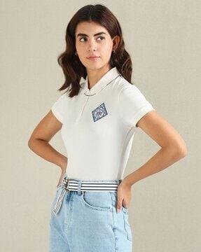 women brand print relaxed fit polo t-shirt