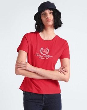 women brand print slim fit round-neck t-shirt