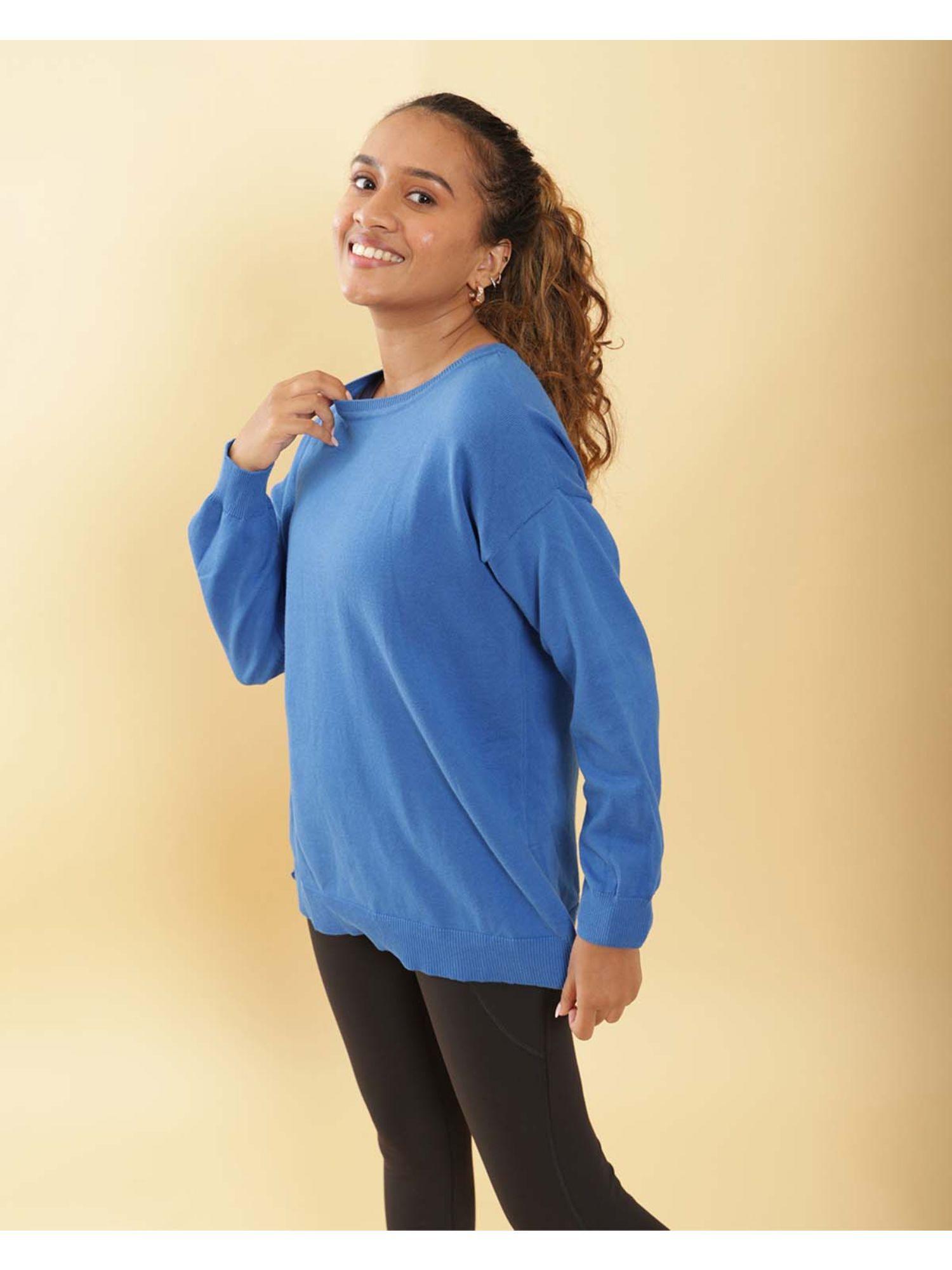 women brinda blue at ease cotton knit top - full sleeve with side slits