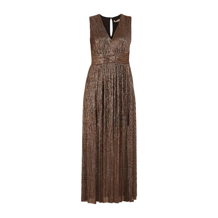 women bronze metallic v-neck long dress