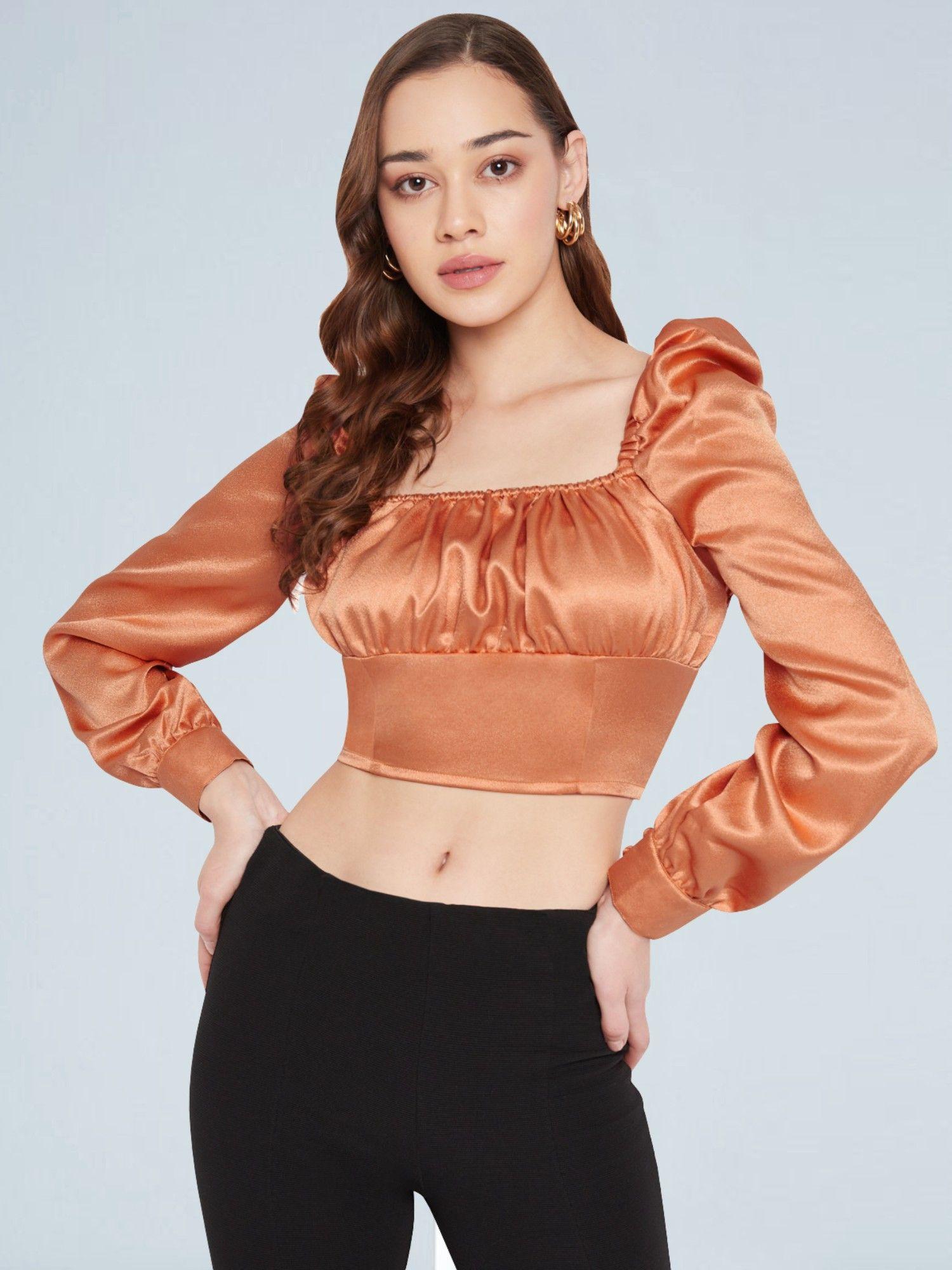 women bronze satin ruched puff sleeve top