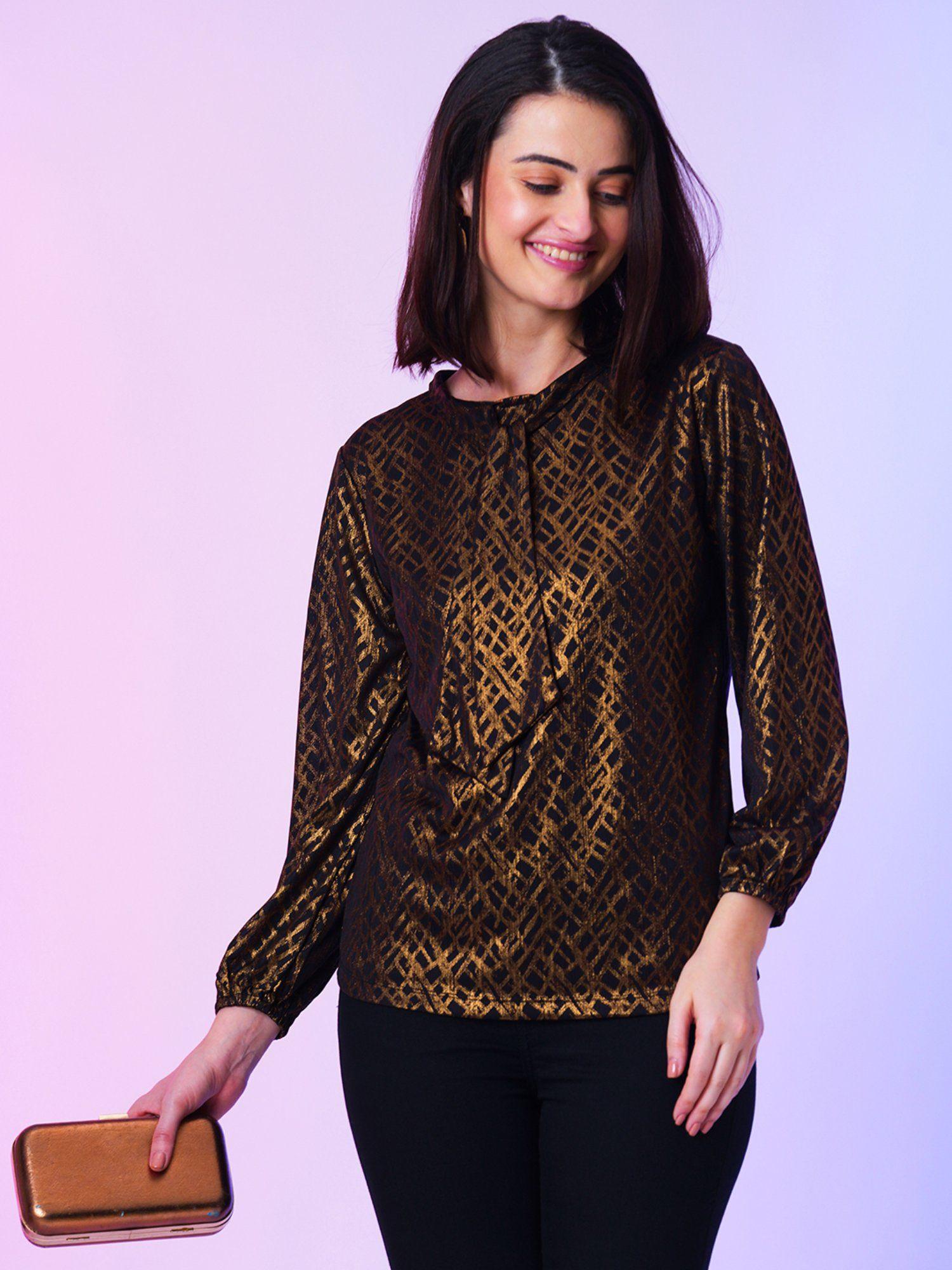 women bronze tie-up neck abstract party top