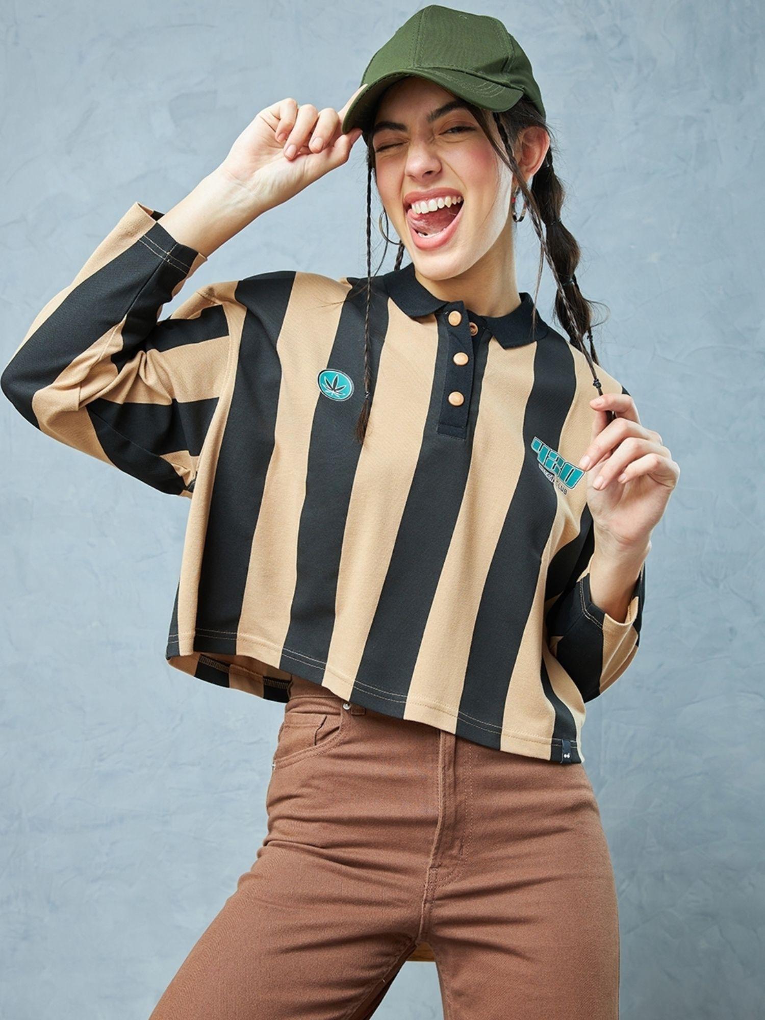 women brown & black striped polo t-shirt