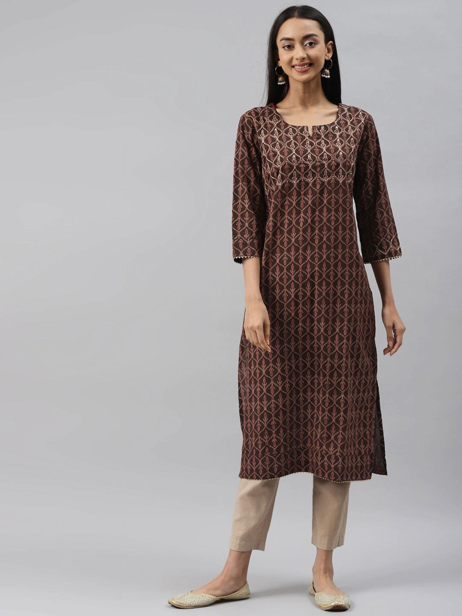 women brown & gold-toned geometric embroidered keyhole neck cotton kurta