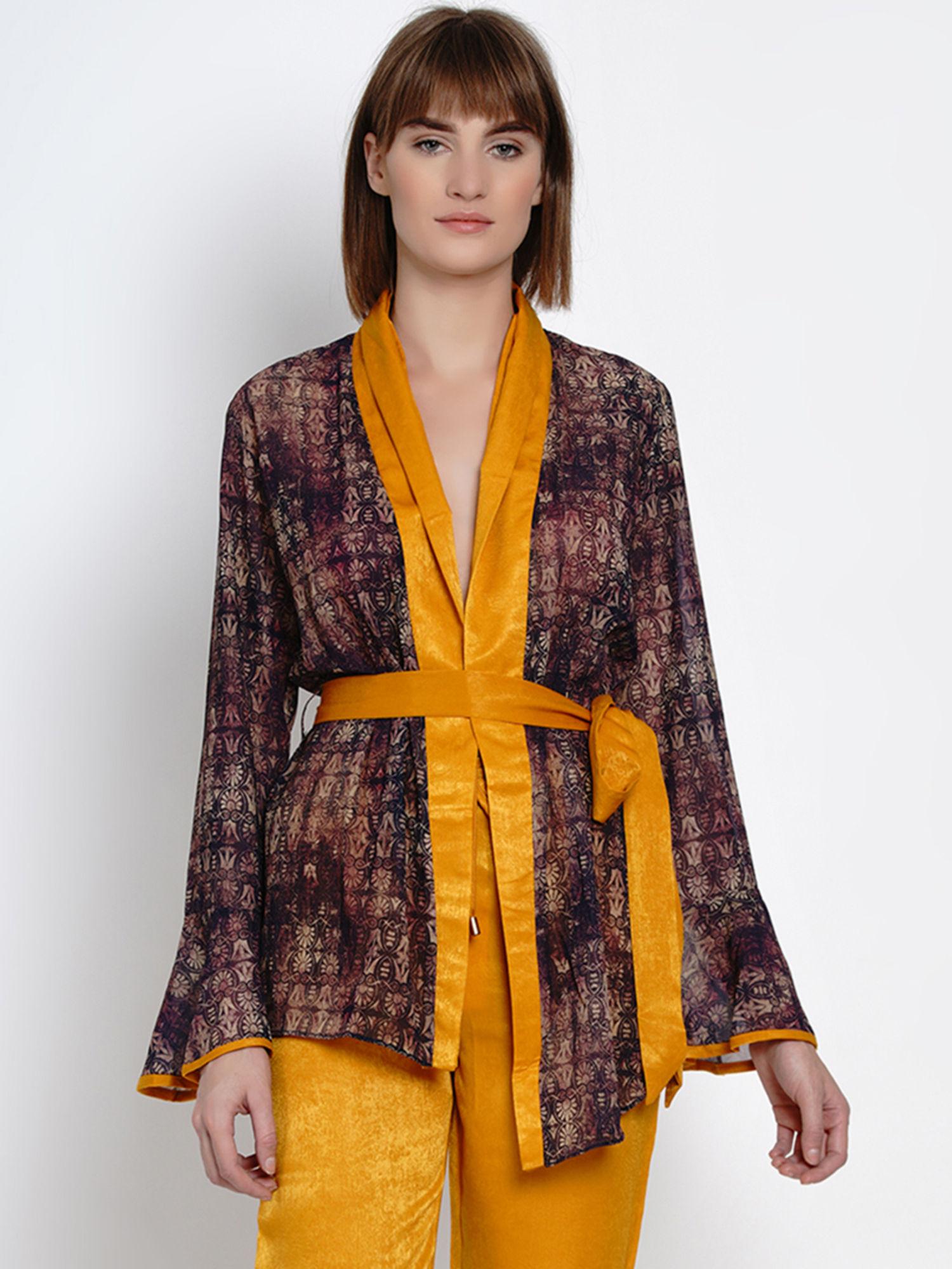 women brown & mustard yellow printed mini robe