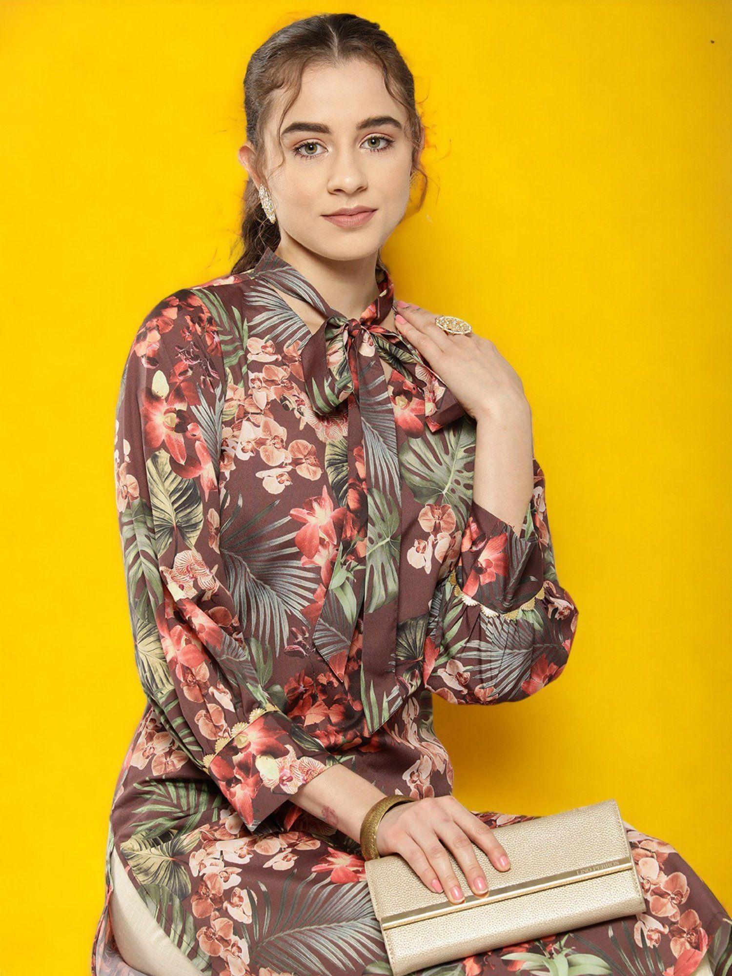 women brown & orange floral printed crepe kurta