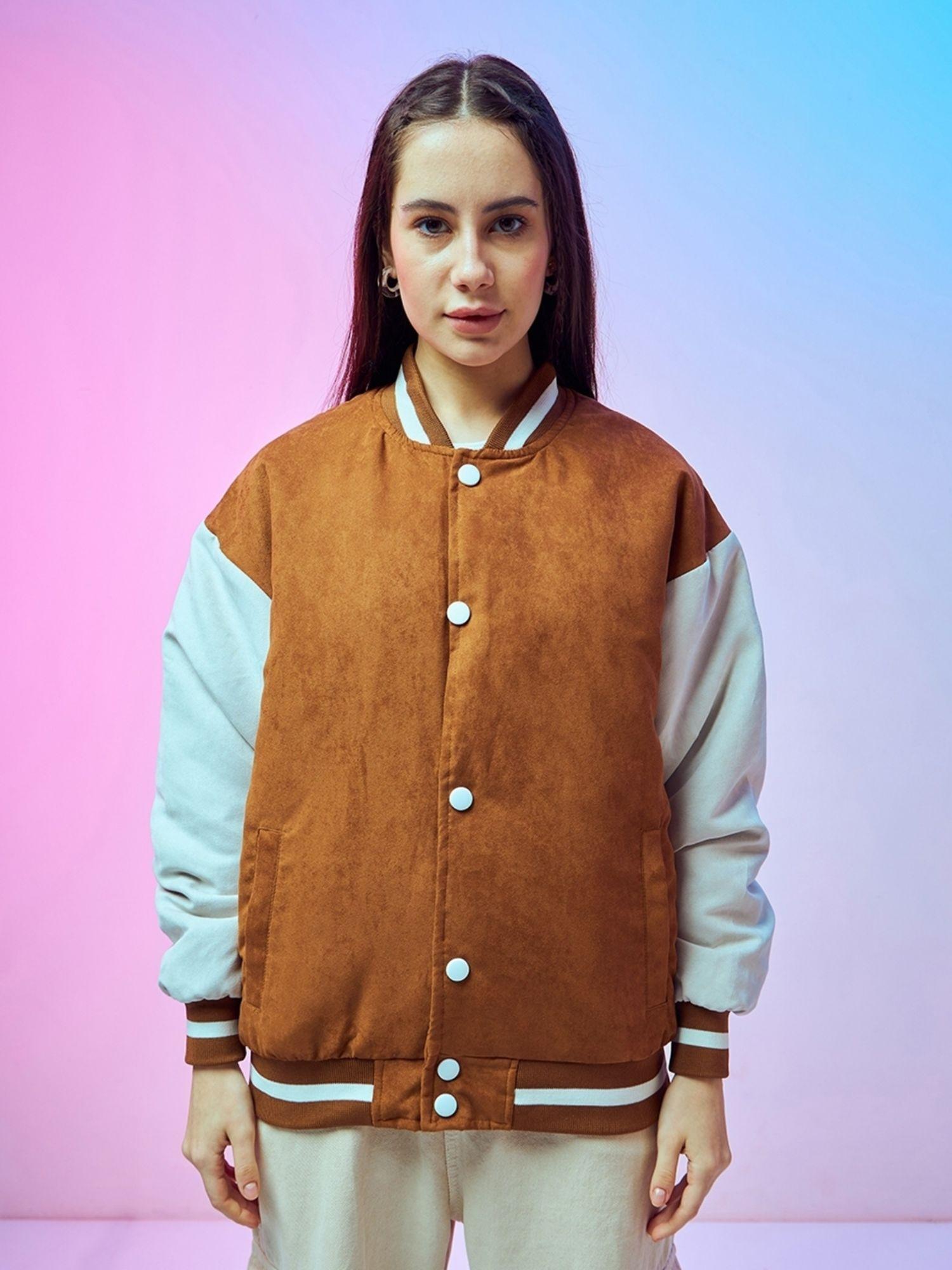 women brown & white weirdly in famous graphic printed oversized jacket