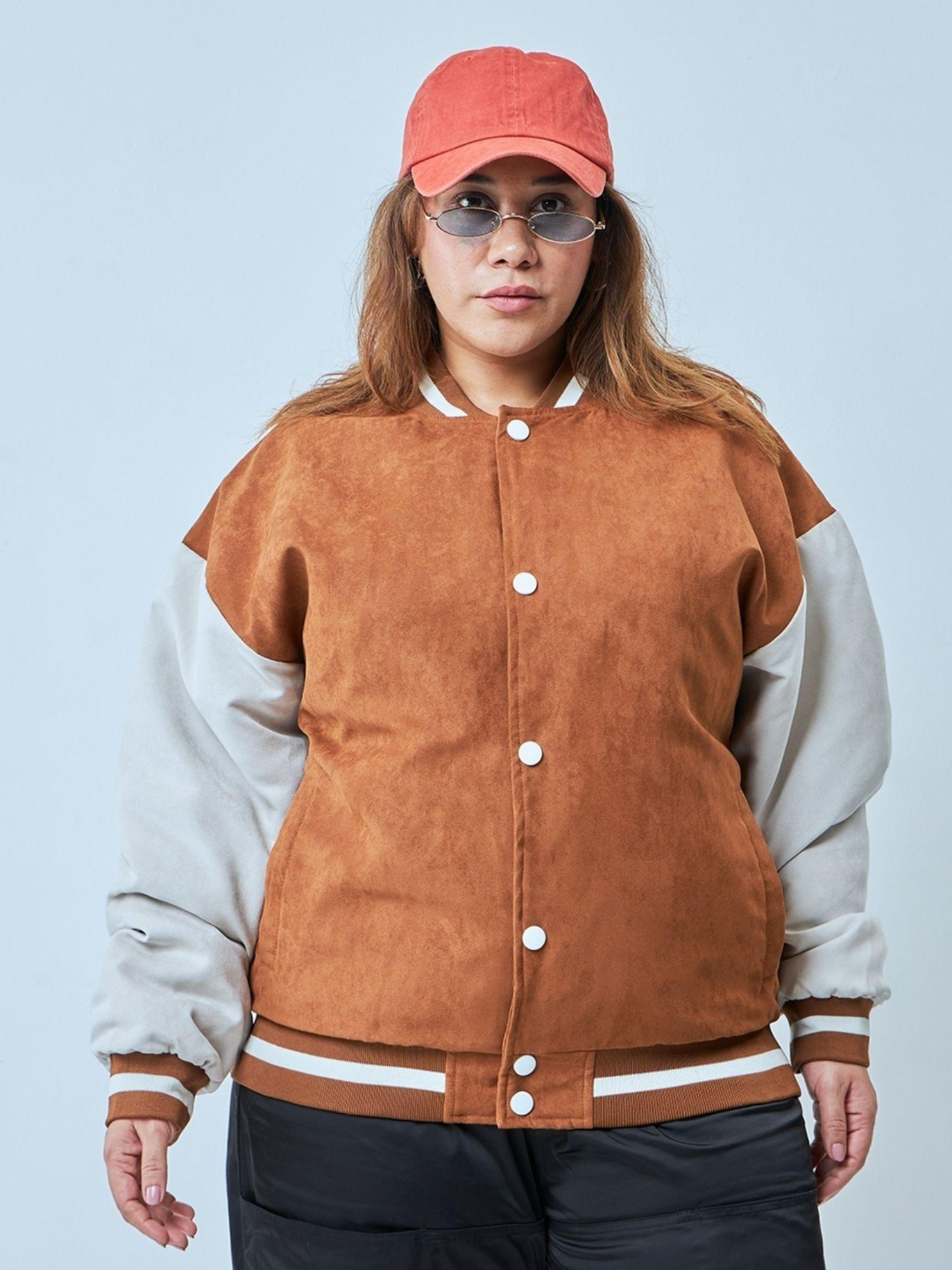 women brown & white weirdly in famous graphic printed oversized plus size jacket