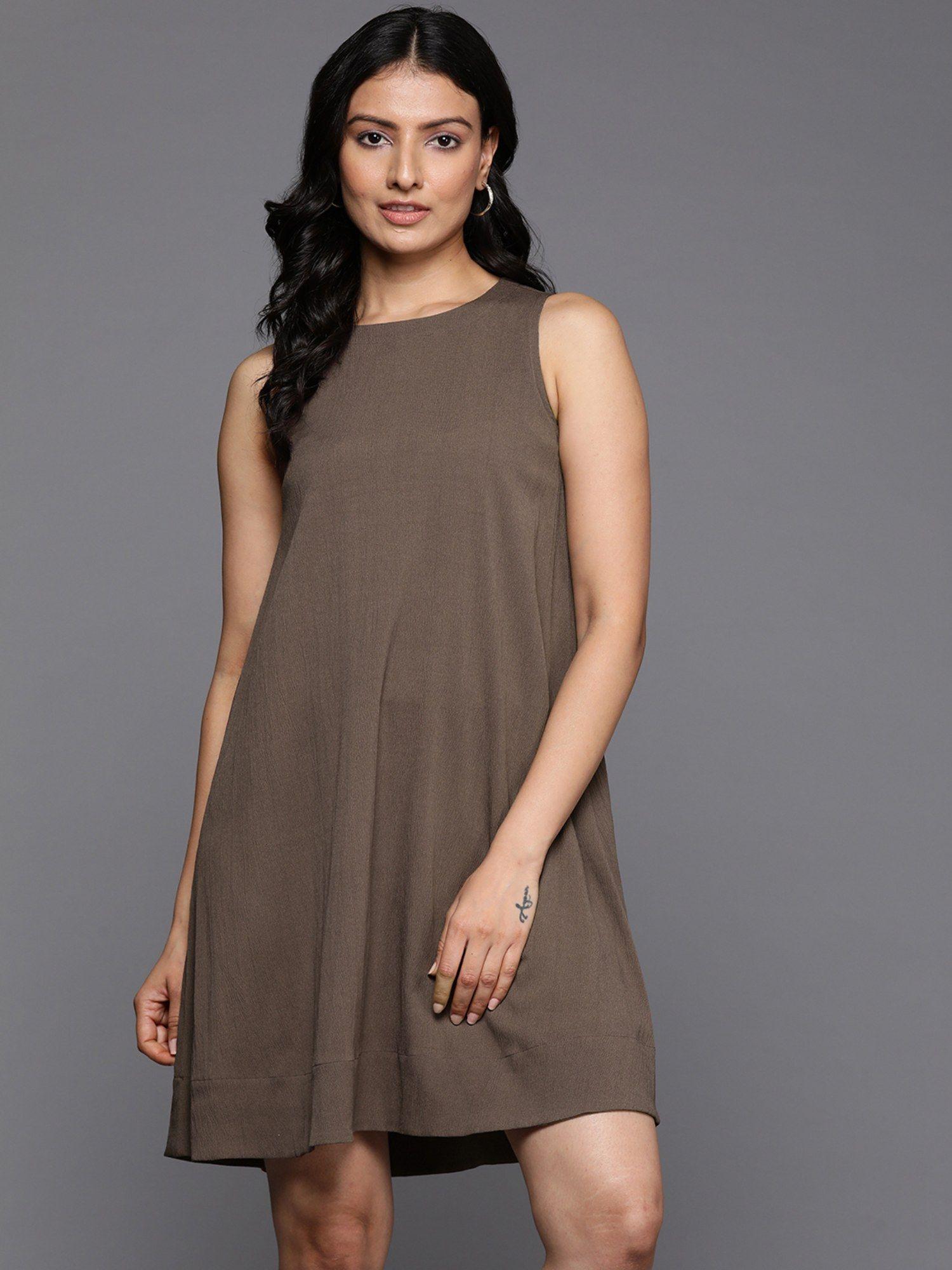 women brown a-line knee length dress