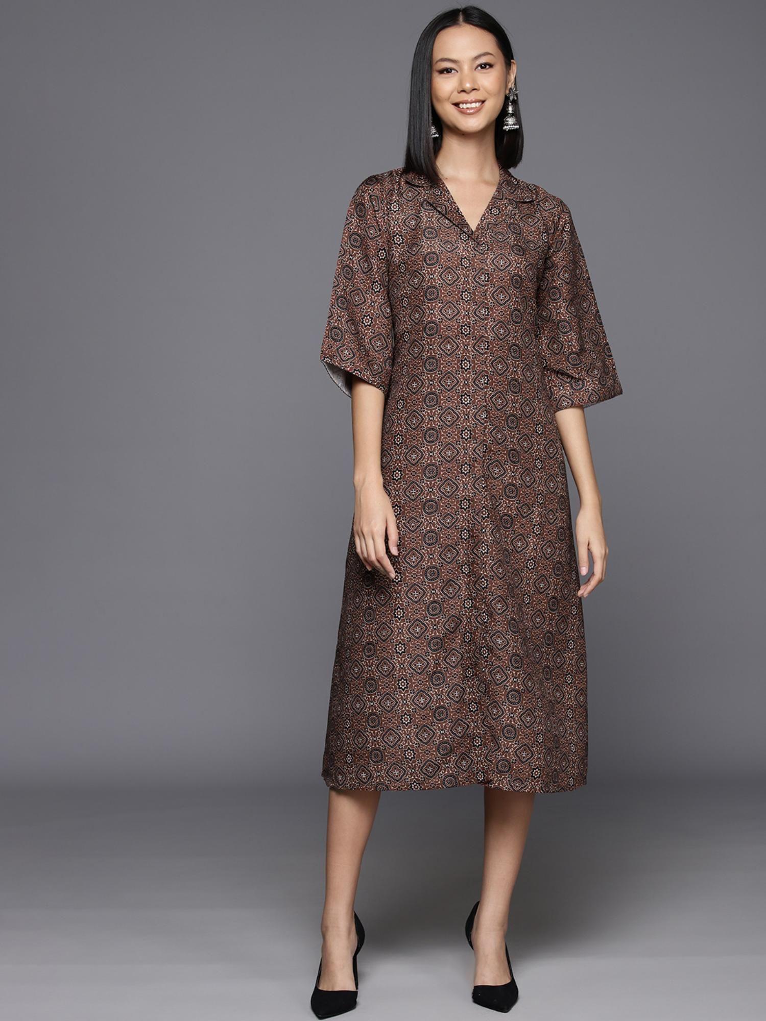 women brown ajarkh printed aline midi dress