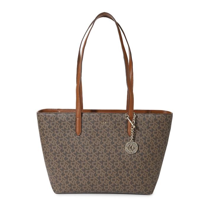 women brown all-over brand name tote bag