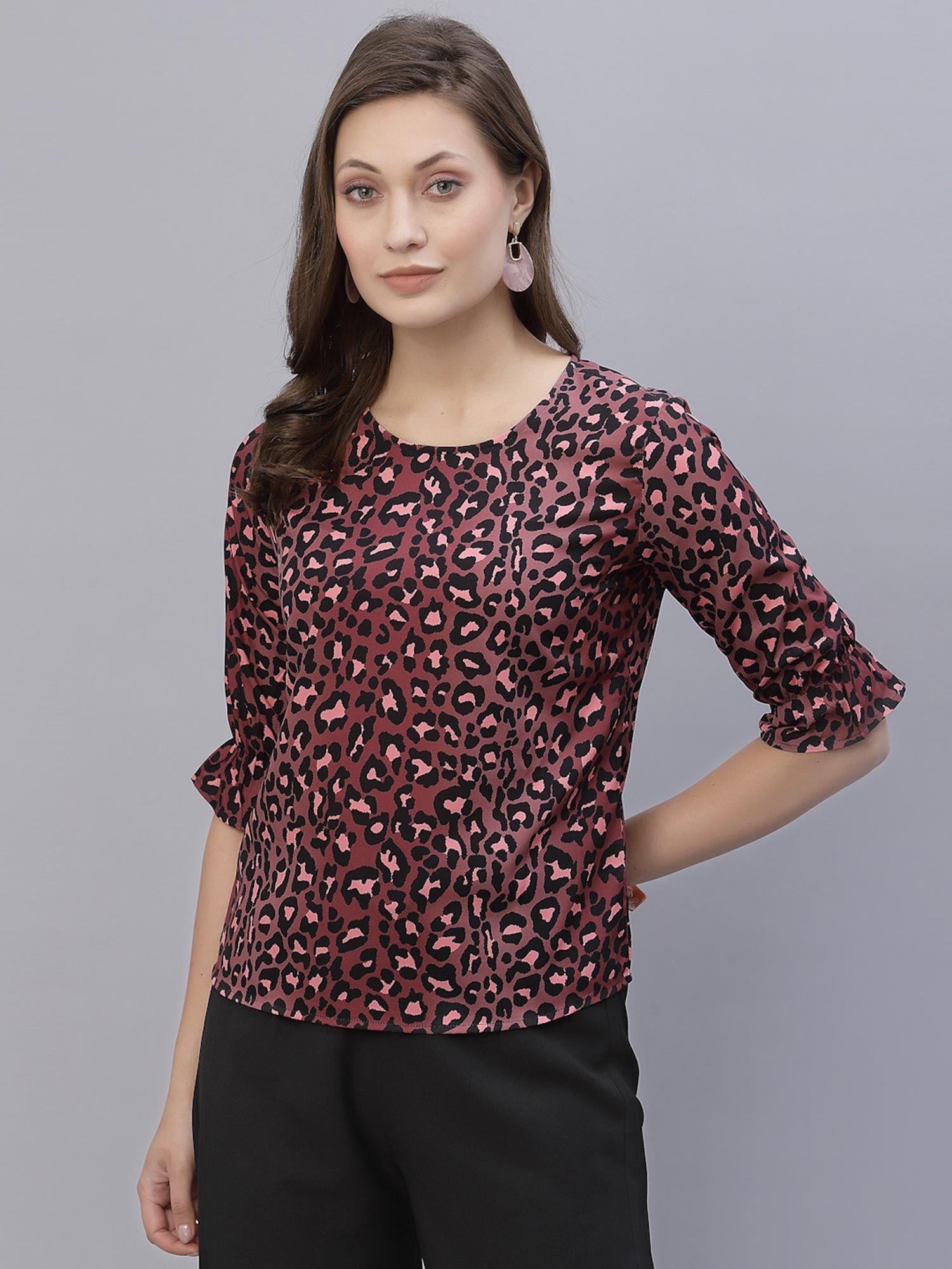 women brown and black animal printed polyester smart casual top