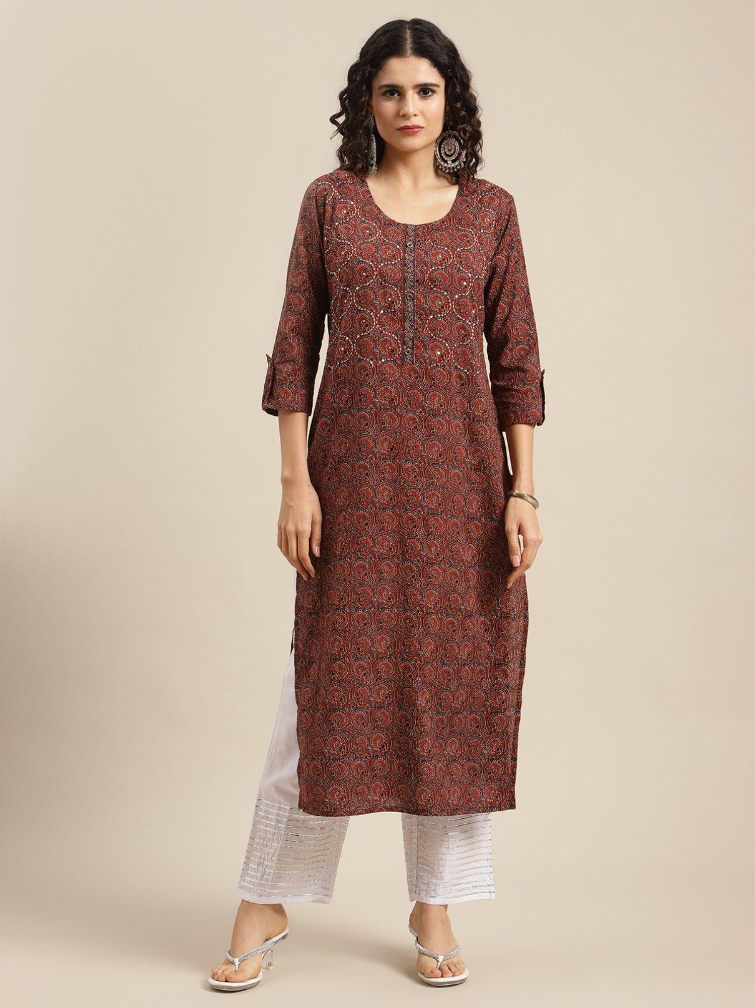 women brown and blue bandez printed straight kurta