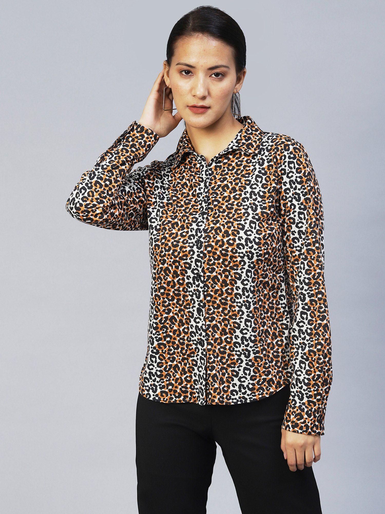 women brown animal print full sleeves shirt