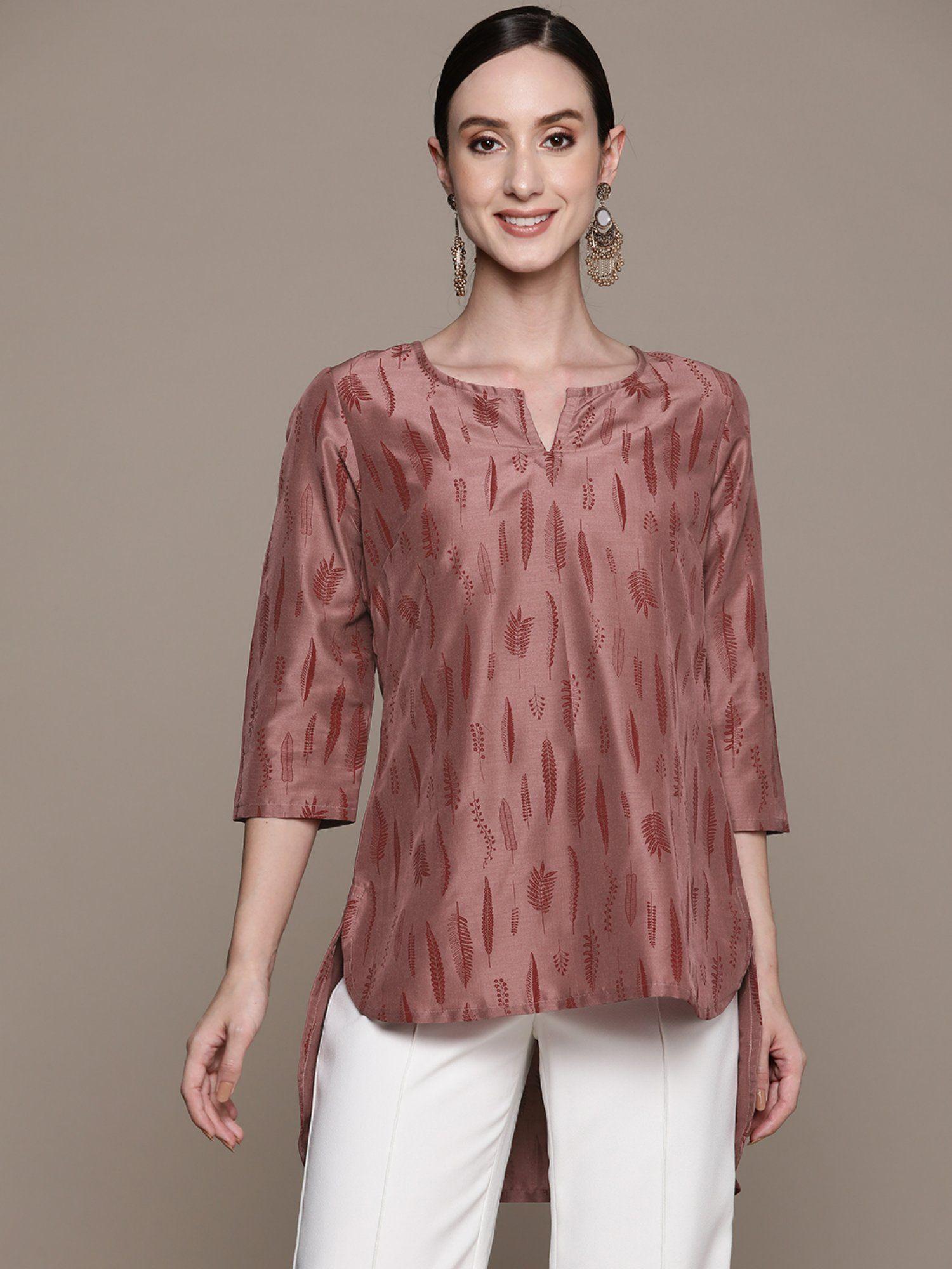 women brown chinon printed tunic