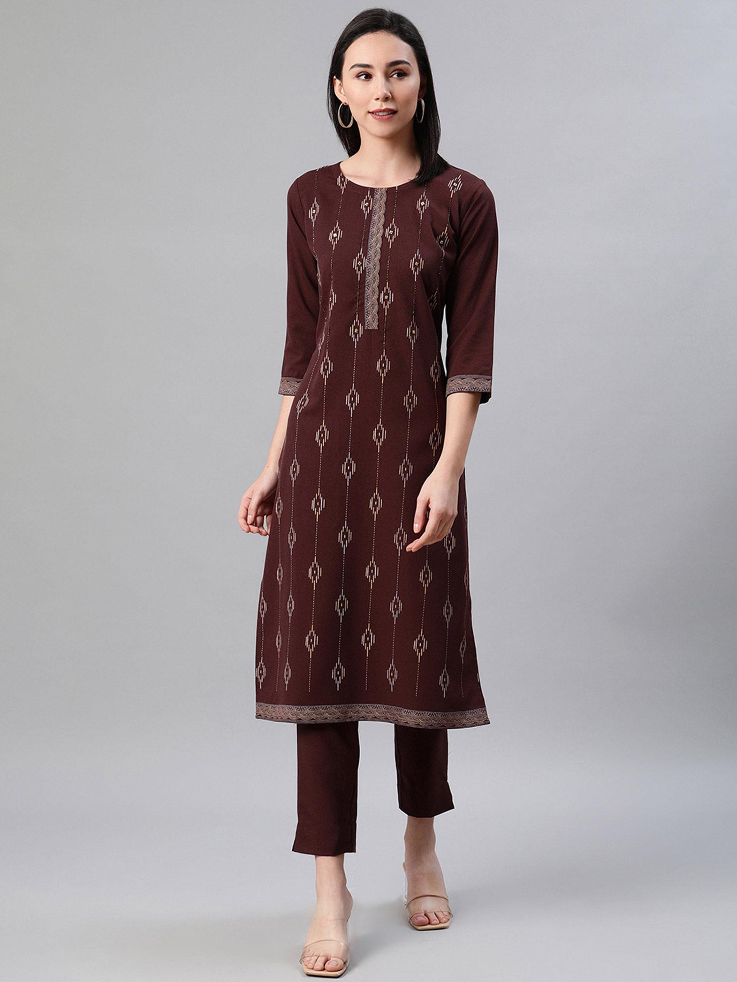 women brown colour foil print straight kurta