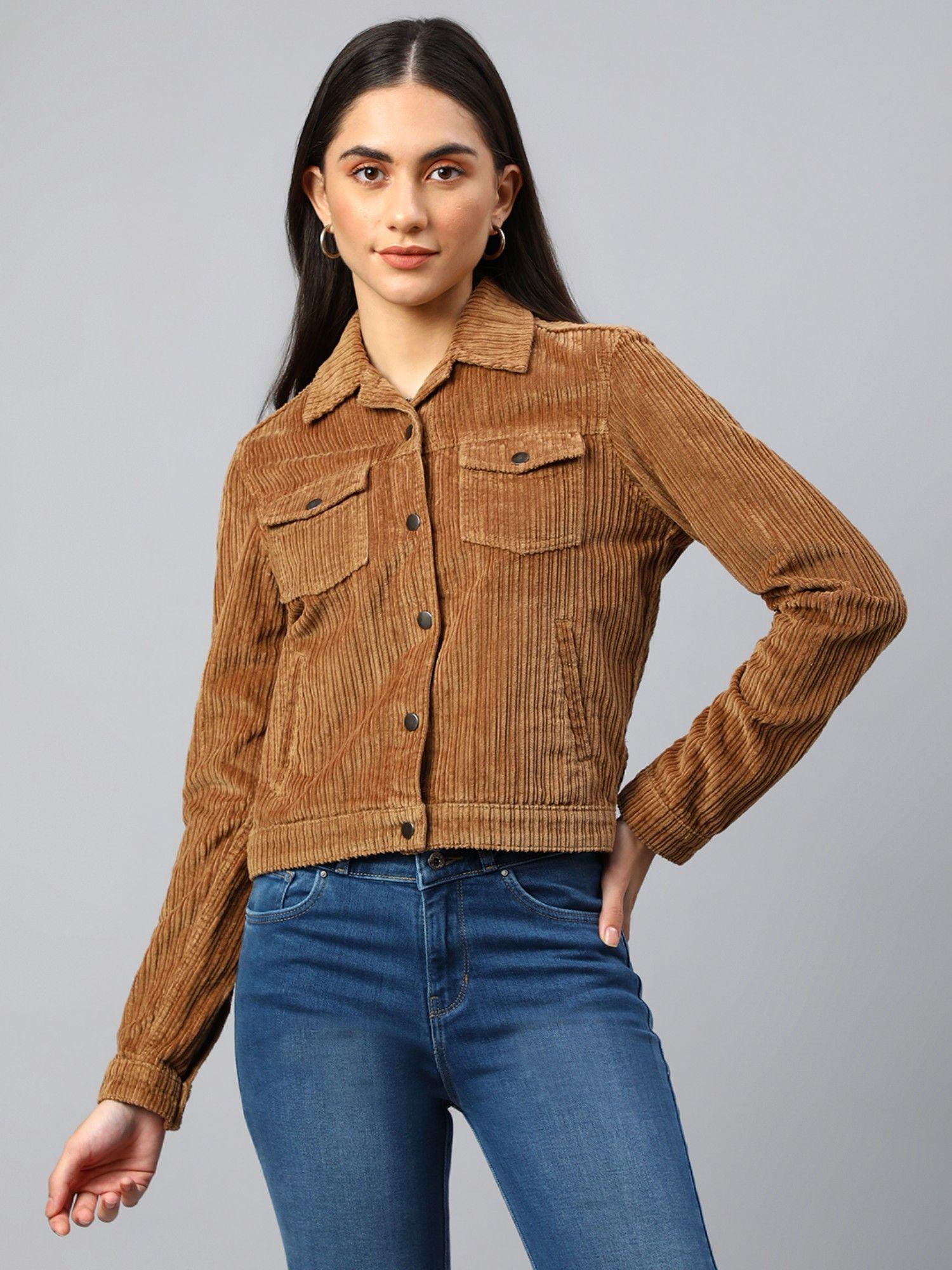 women brown corduroy crop jacket