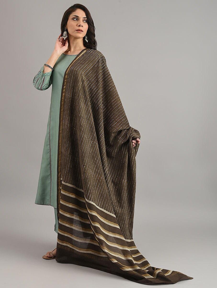 women brown cotton block print dupatta