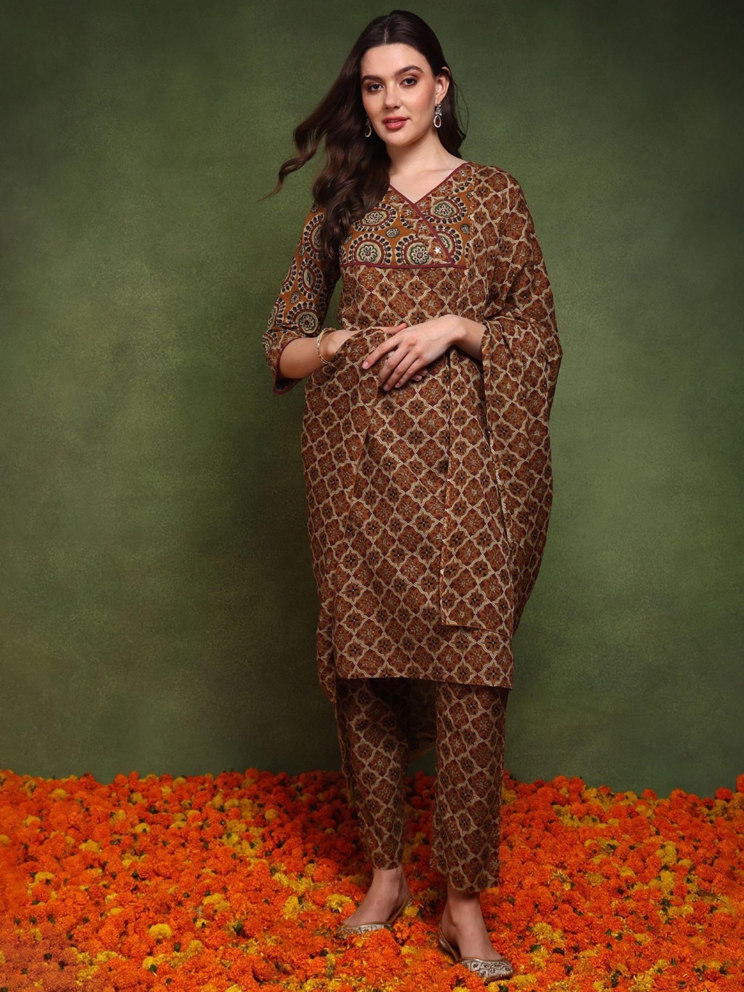 women brown cotton floral printed straight suit kurta with pant and dupatta (set of 3)