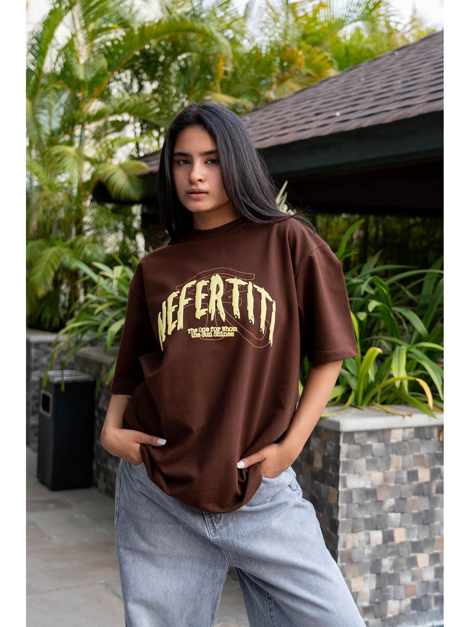 women brown cotton graphic printed t-shirt