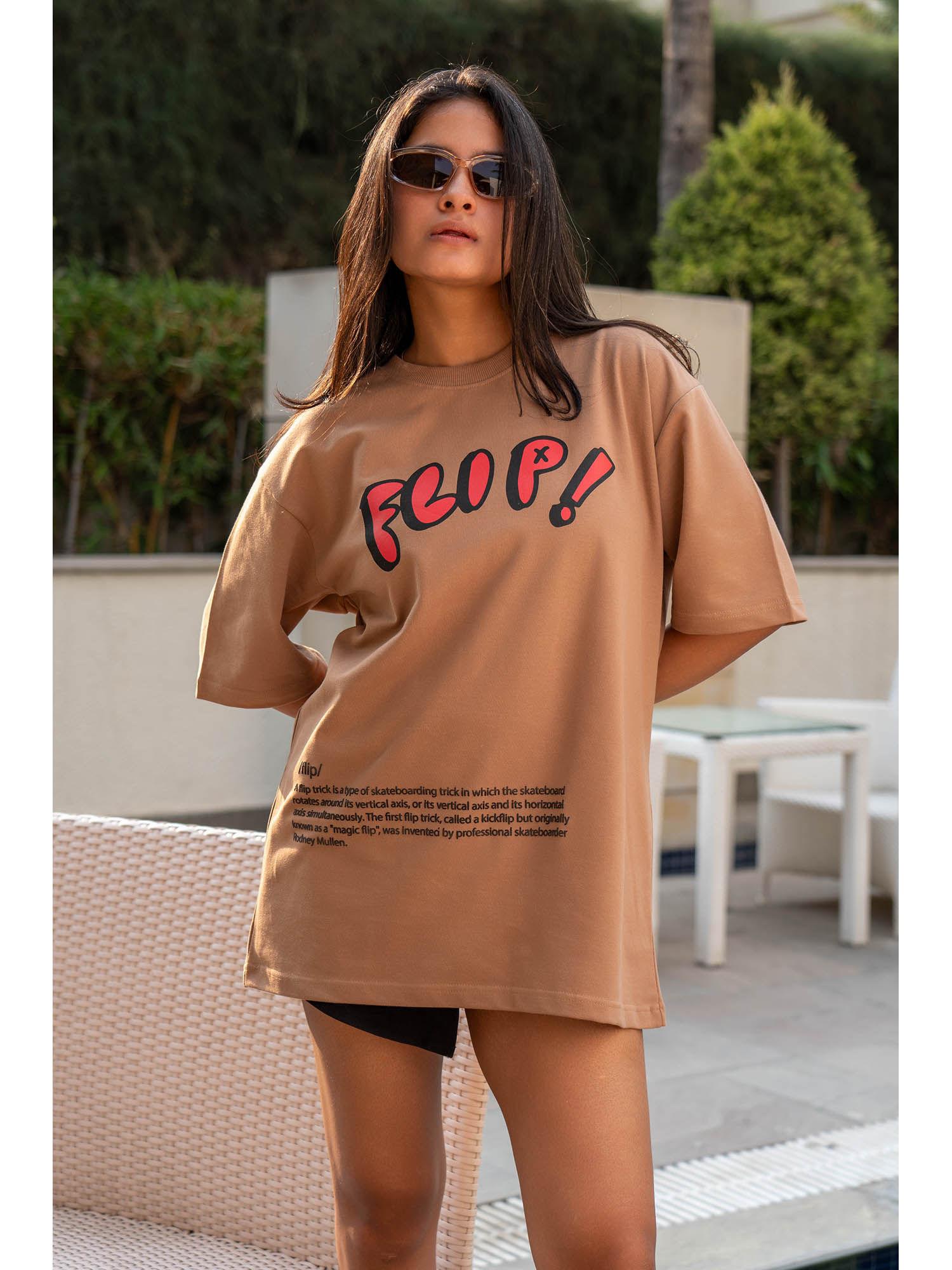 women brown cotton graphic printed t-shirt