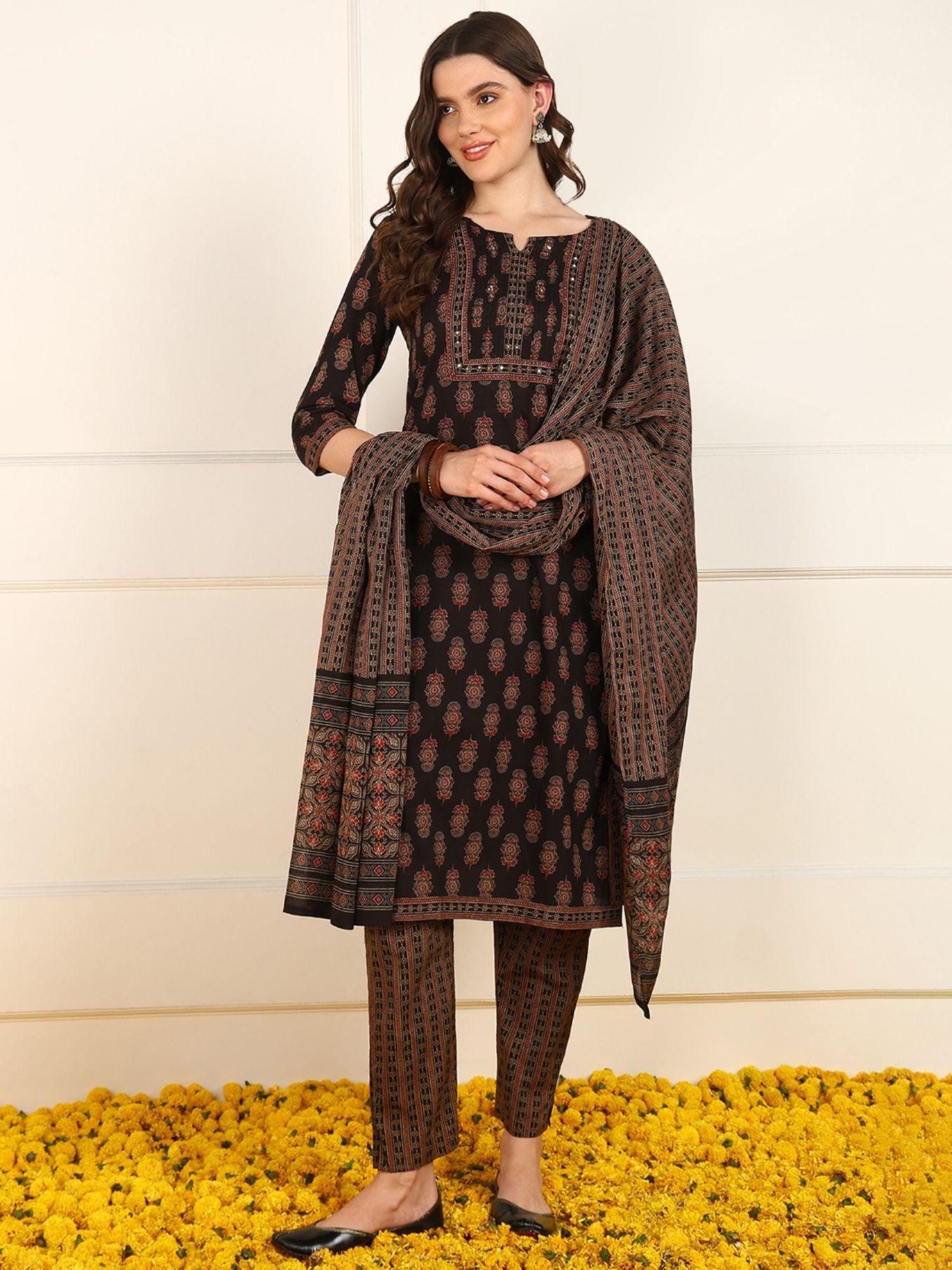 women brown cotton printed straight suit kurta with pant and dupatta (set of 3)