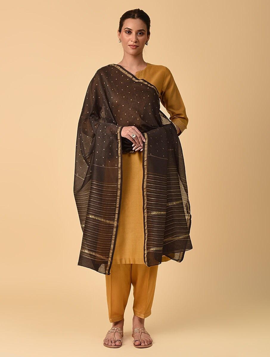 women brown cotton silk block print dupatta