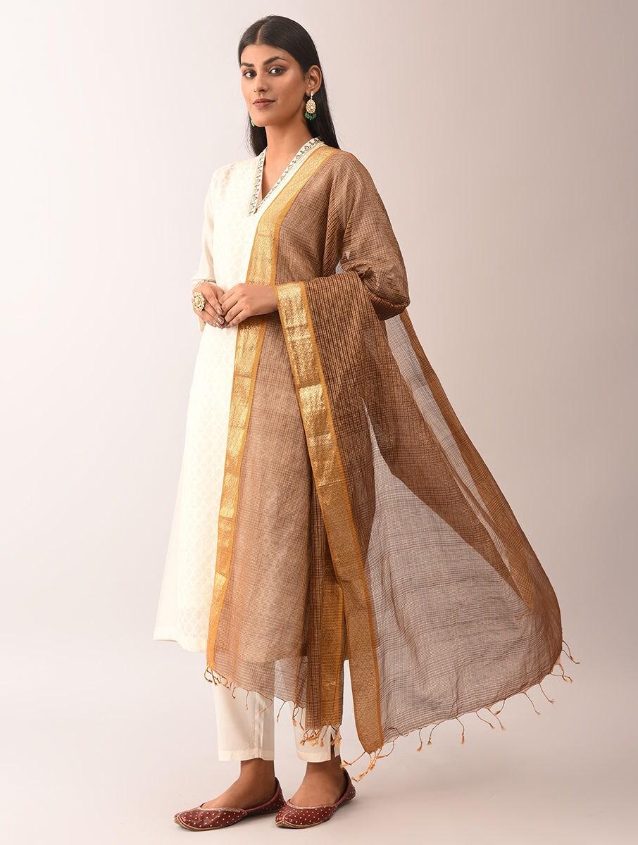 women brown cotton silk hand woven dupatta