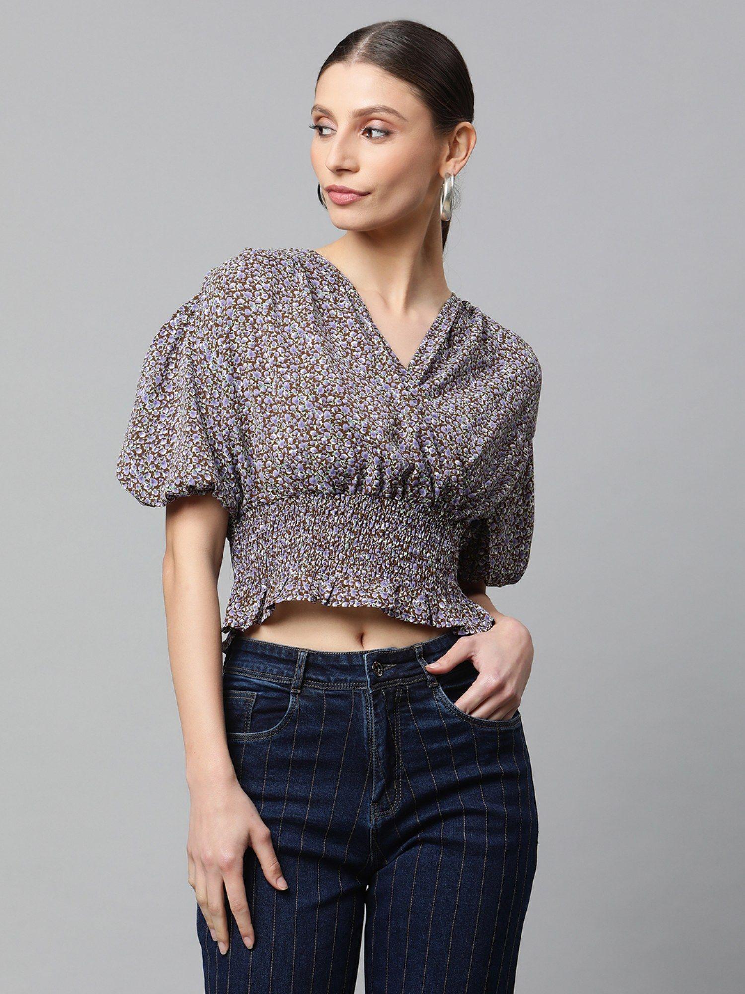 women brown floral crop top