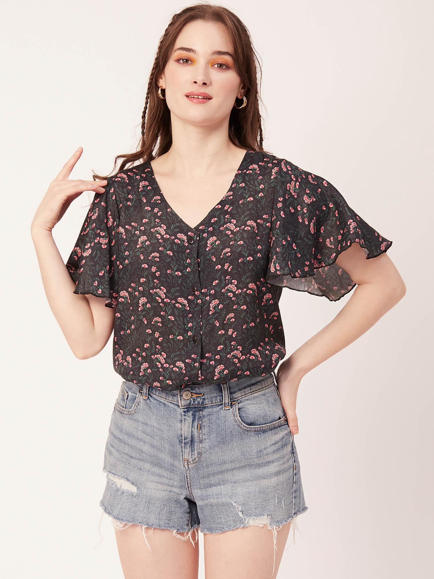 women brown floral flared sleeve top