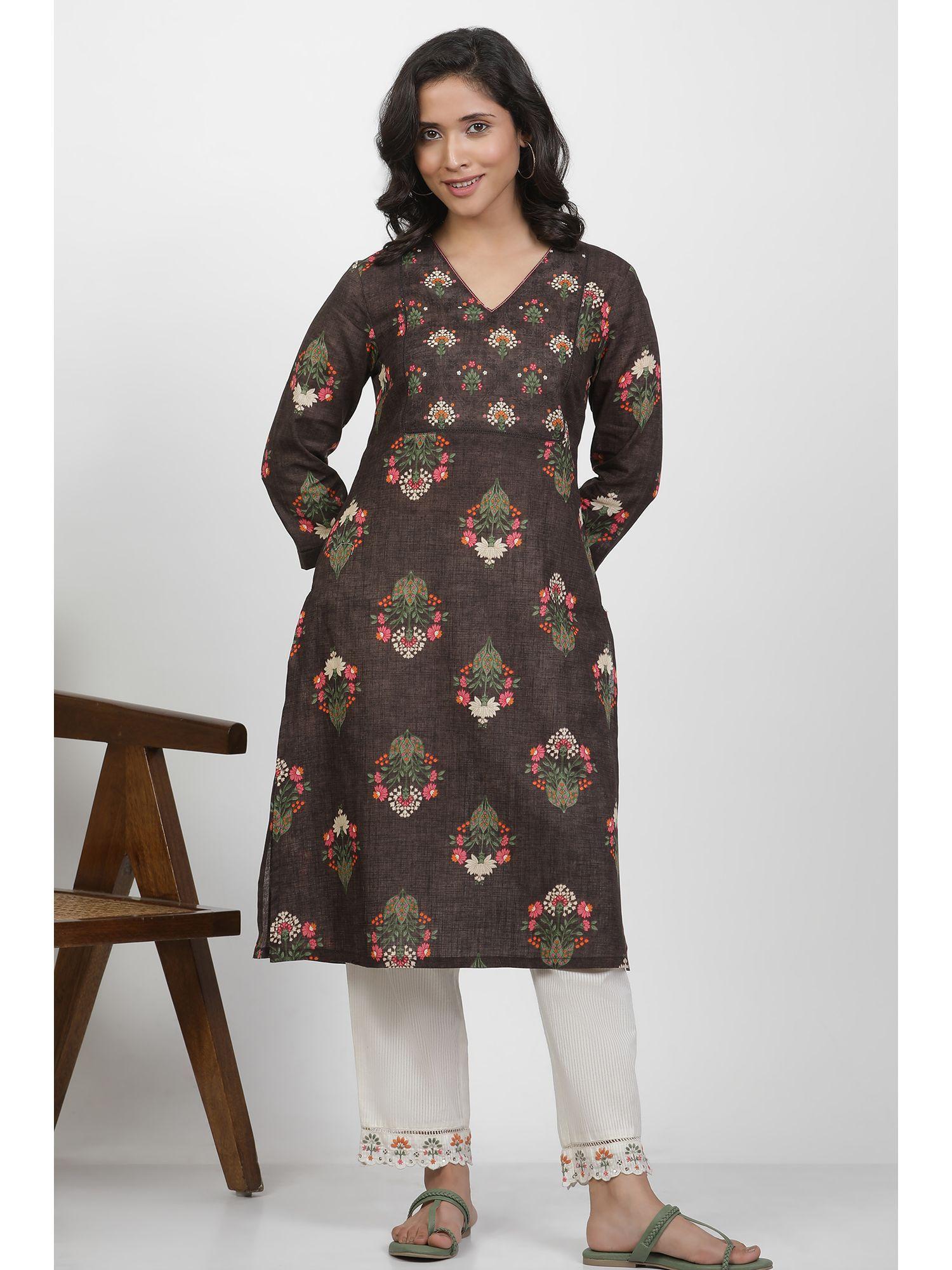 women brown floral print cotton straight kurta