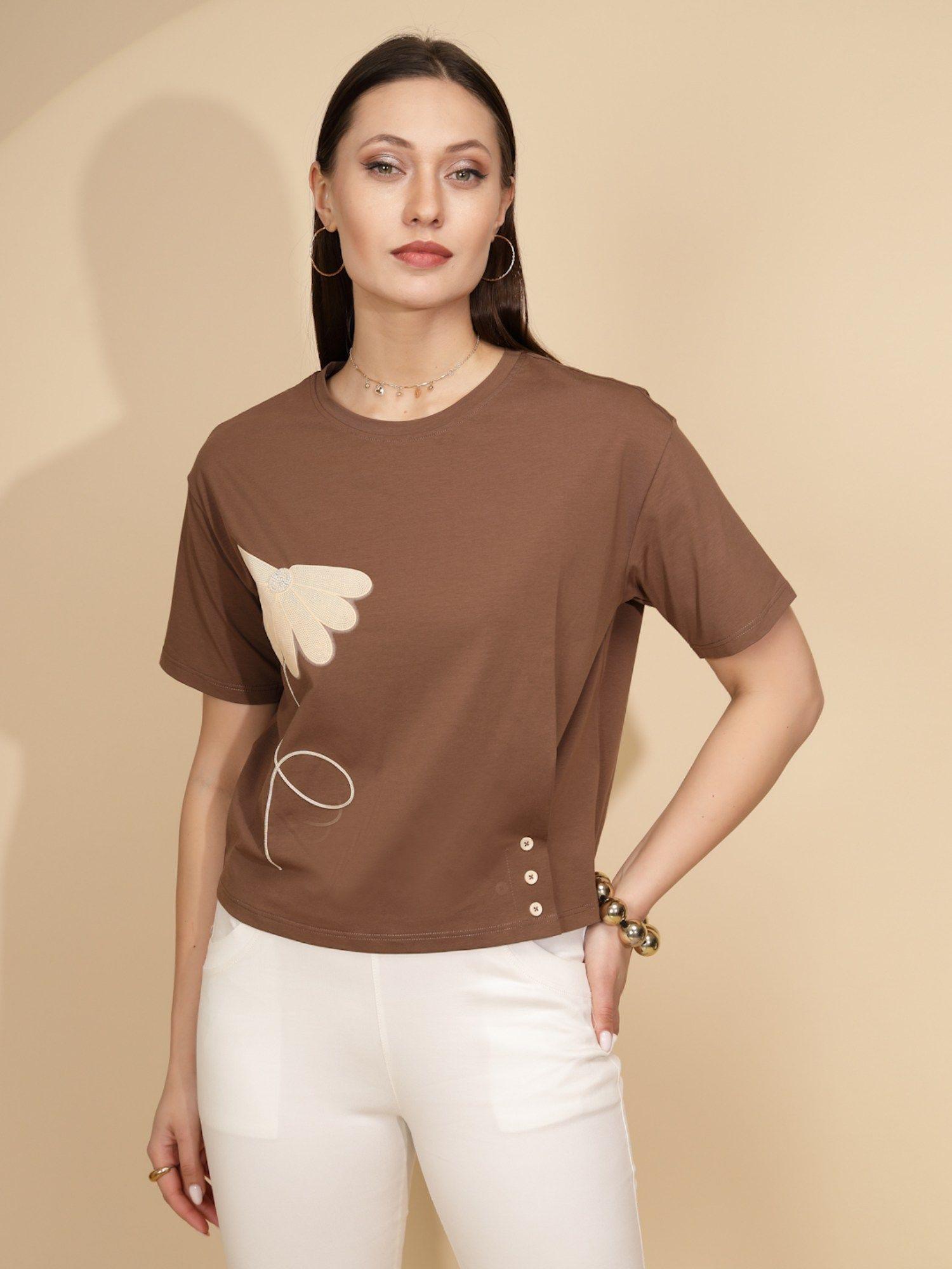 women brown floral print cotton top