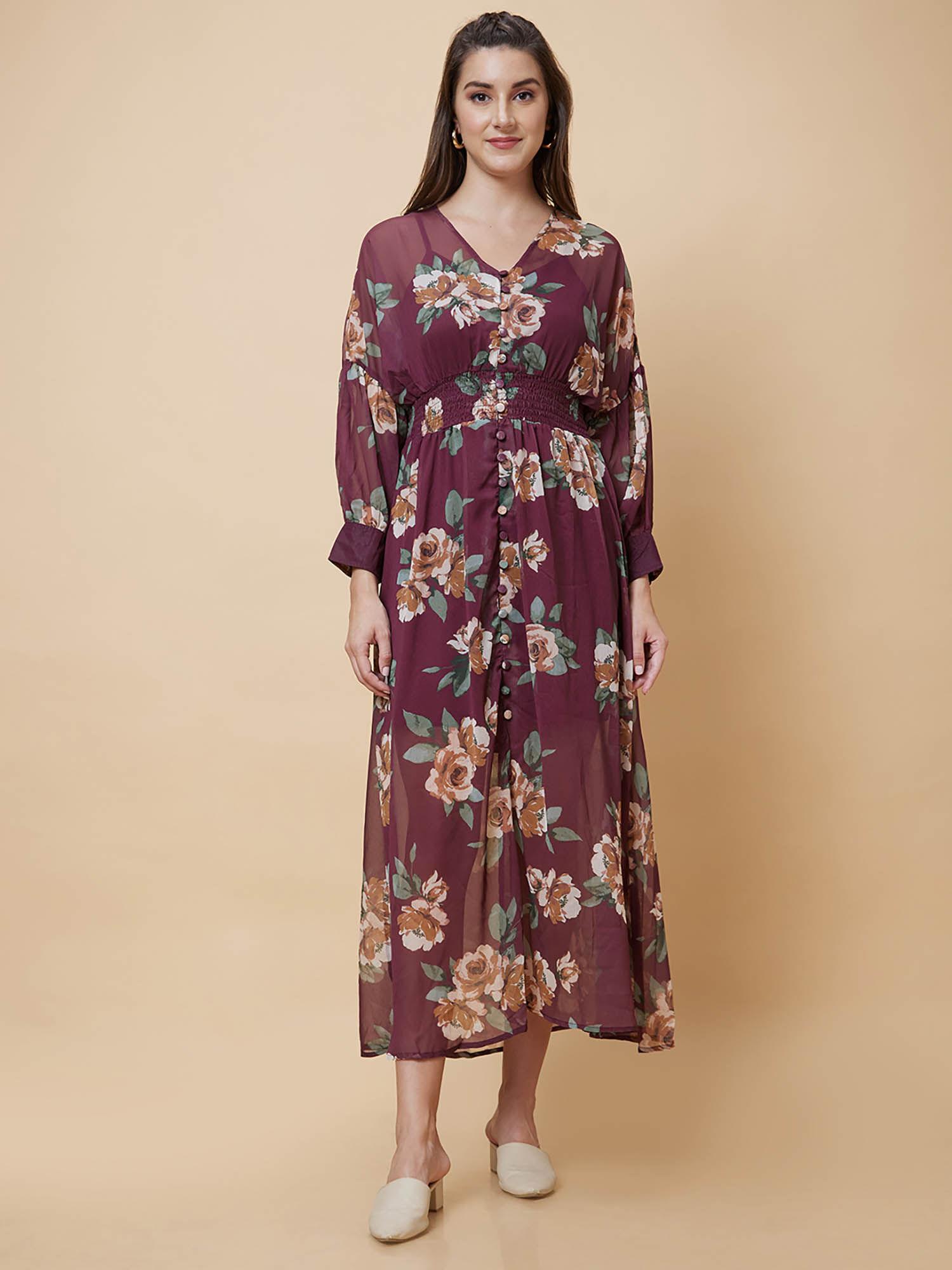 women brown floral print v-neck smocked casual fit and flare maxi dress (set of 2)