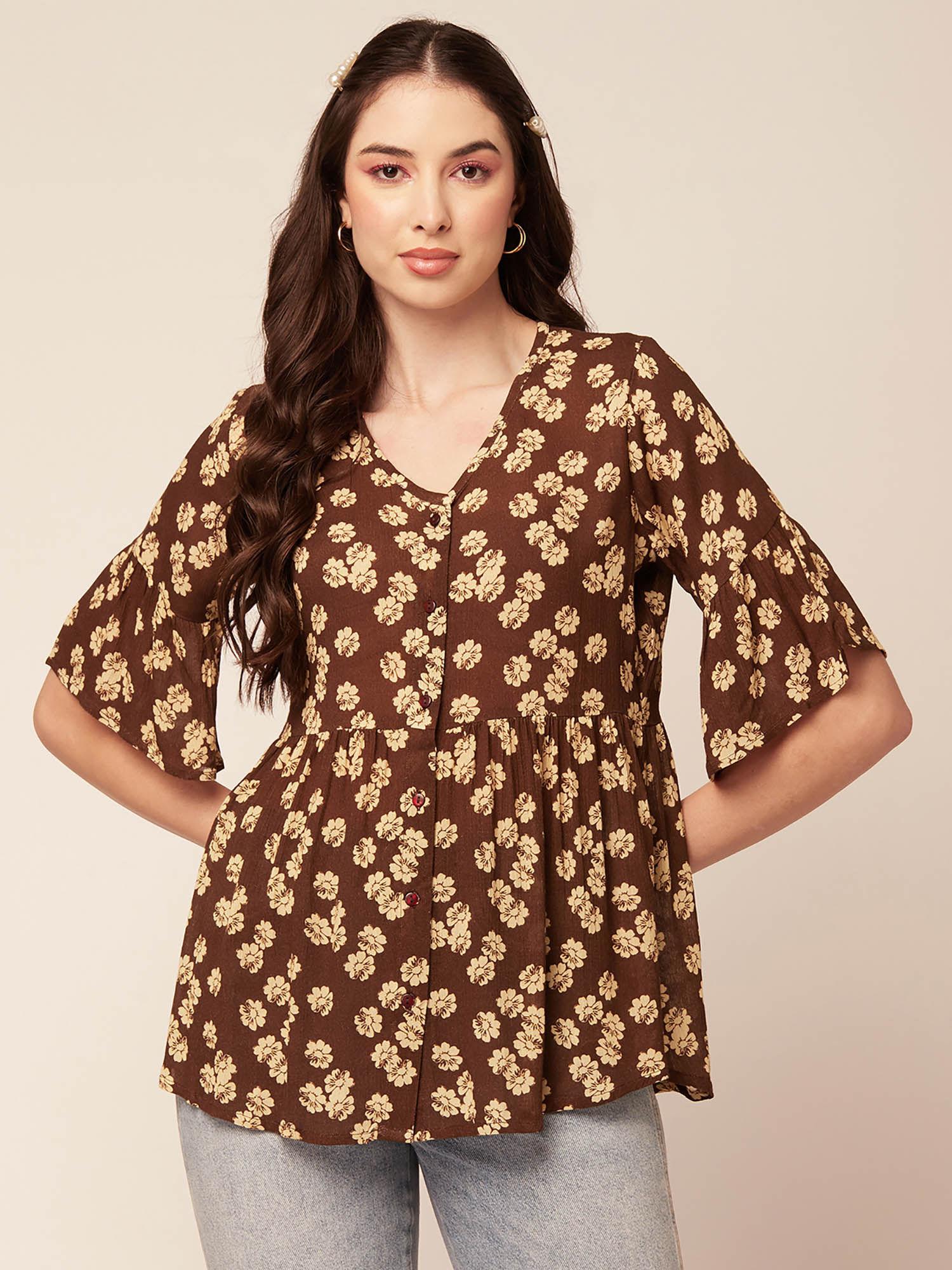 women brown floral printed casual top