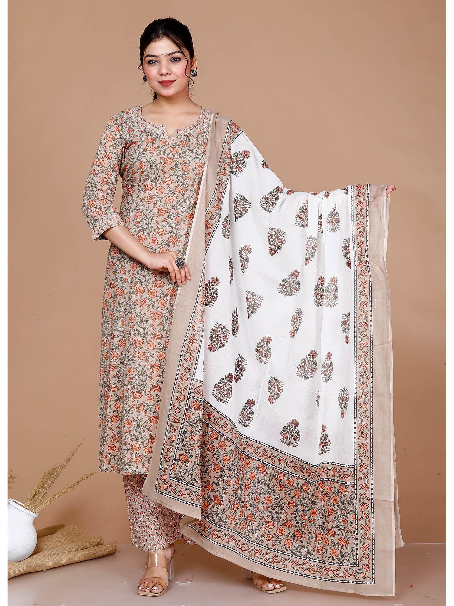 women brown floral printed gotta patti kurta with palazzo & dupatta (set of 3)