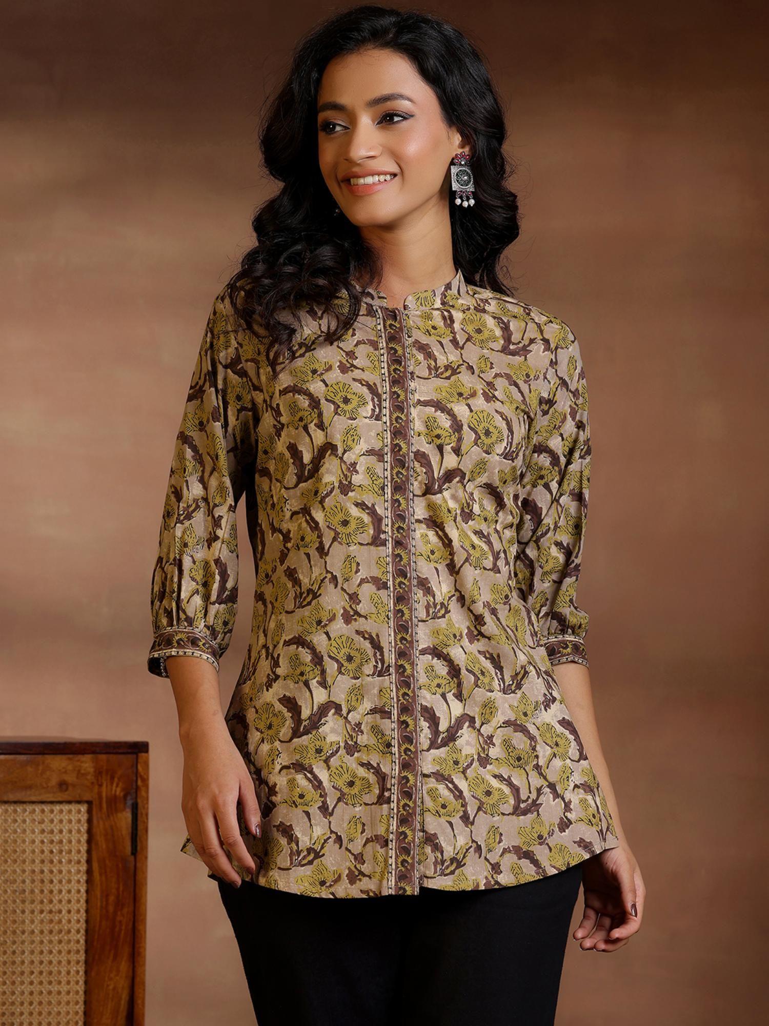 women brown floral printed regular fit pure cotton kurti