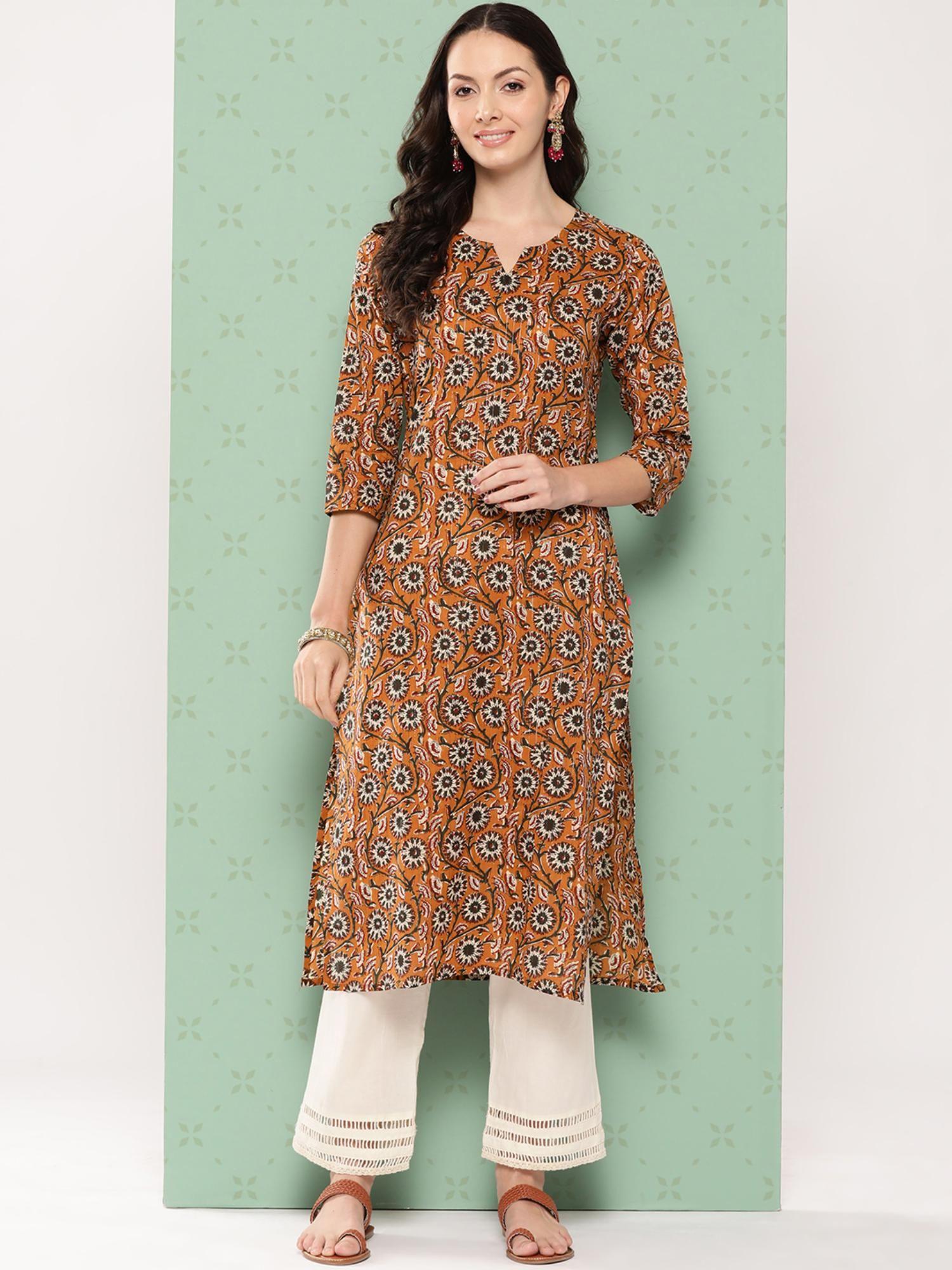 women brown floral printed straight kurta with three quarter sleeves